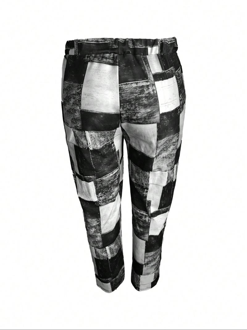 【Plus Size】 Colorblock Patchwork Print Drawstring Waist Pants, Casual Fashion Comfy Pocket Trousers for Daily Wear, Women's Bottoms for Summer