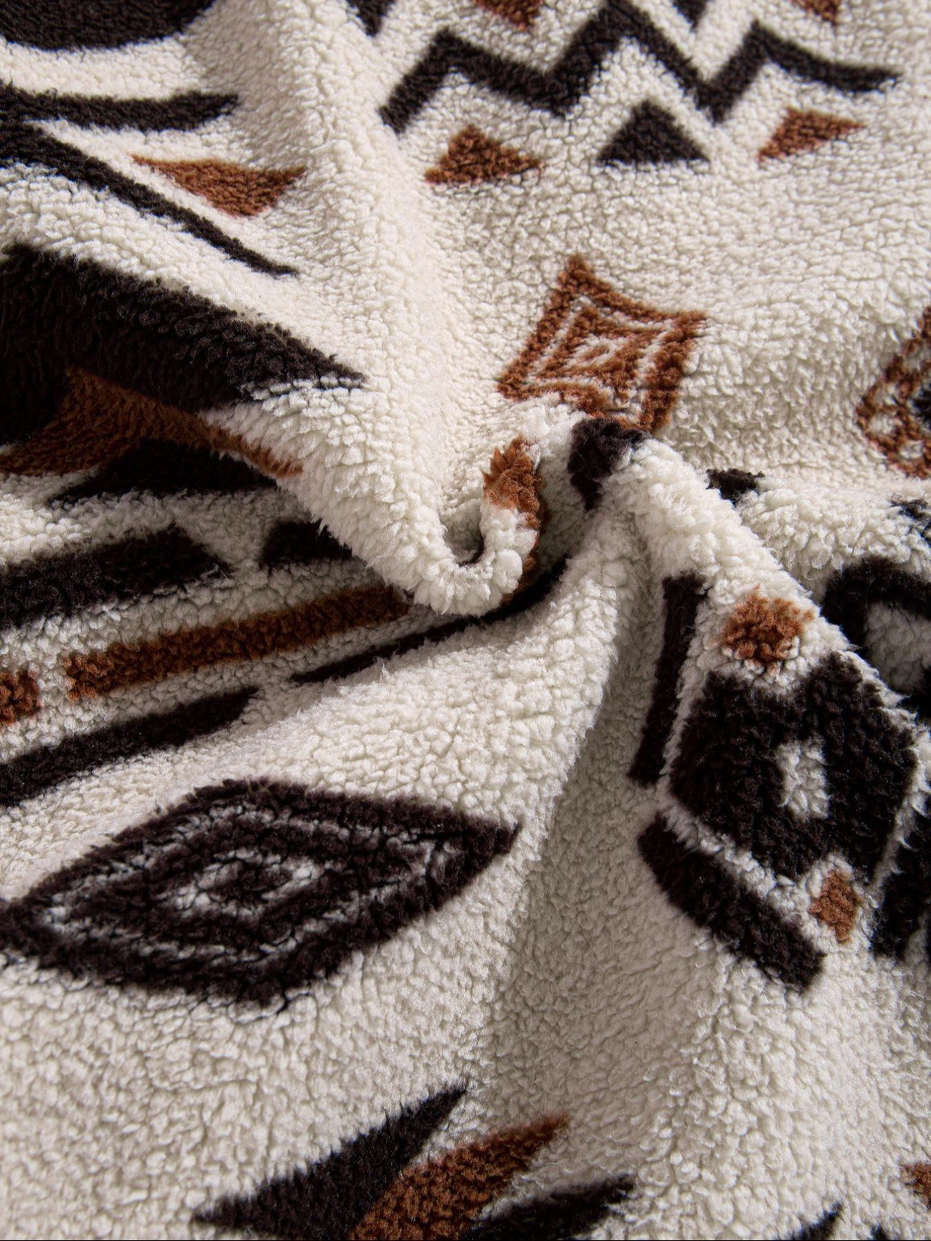 Men's Ethnic Style Plush Print Hoodie Set, Soft Comfortable Fabric, Casual Sportswear for Daily Wear & Outdoor Activities