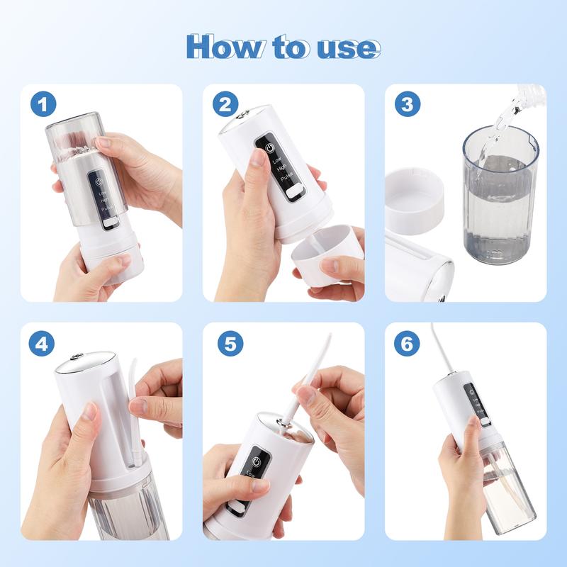 Foldable Oral Irrigator, Cordless Water Flosser with 4-nozzle 230ML Water Tank Travel Oral Irrigator, Ideal Teech Cleaning Device, Portable Oral Irrigator