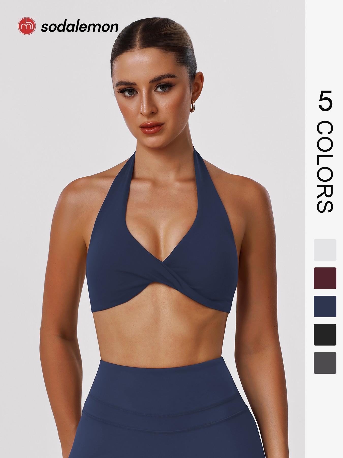 Sodalemon Women's Backless Sports Bra Tank Top, Elastic Strap Design, Wireless Comfortable Yoga Short Sleeve Shirt, All Season Casual Wear, Yoga Workout Activewear, Yoga Gym Activewear