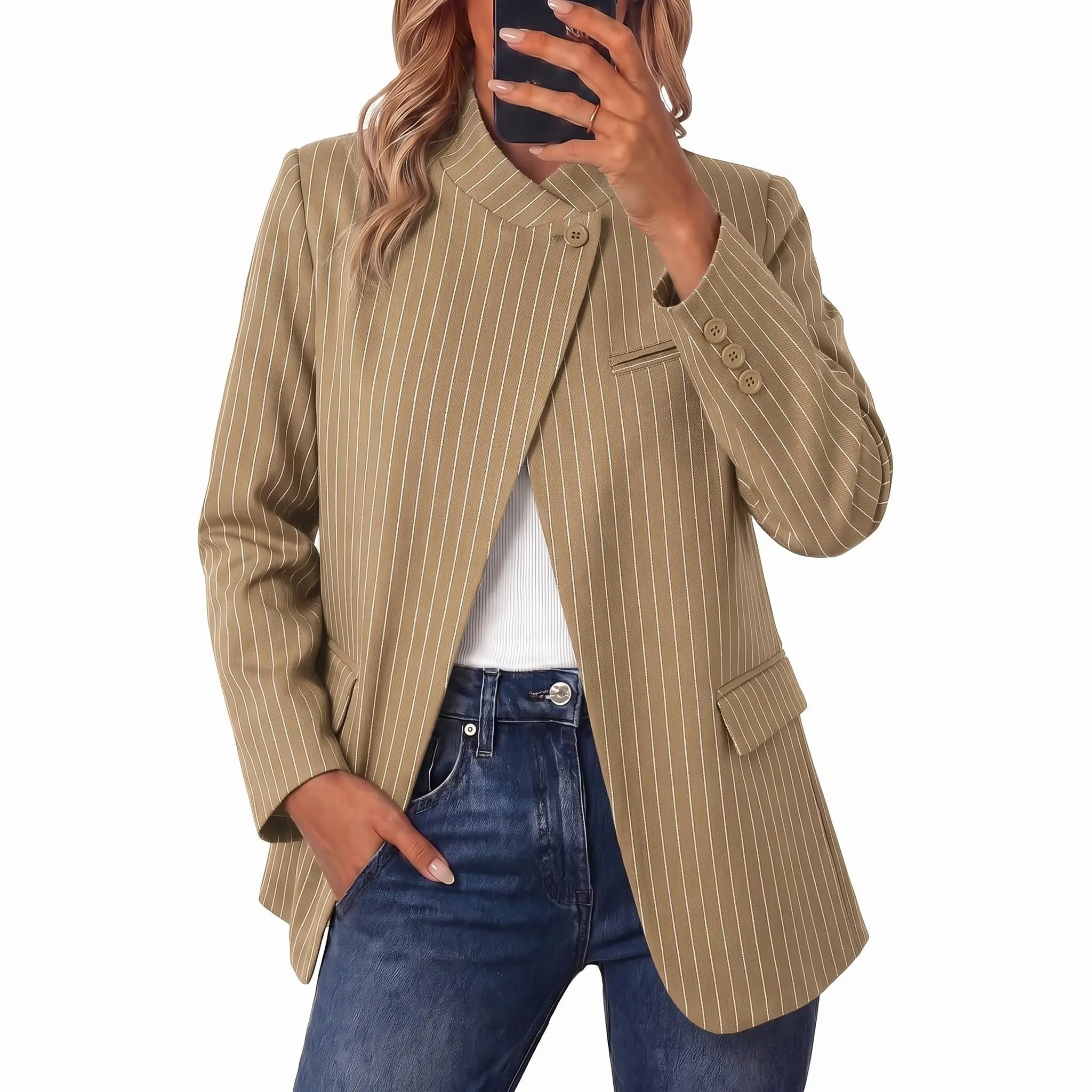 Cicy Bell Women Plaid Blazer Business Stand Collar Open Front Suit Jacket | One Button, Casual Trendy, Work Office, Fall Spring Suit Blazer, Long Sleeve Button Cuff, Front Flap Pockets, Back Split
