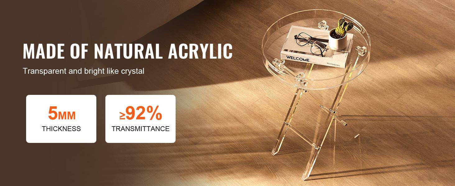 VEVOR Acrylic Folding Tray Table, Acrylic End Table with Folding X Leg, Clear Acrylic Side Table for Coffee, Drink, Food, Snack used in Living Room, Bedroom, and Study