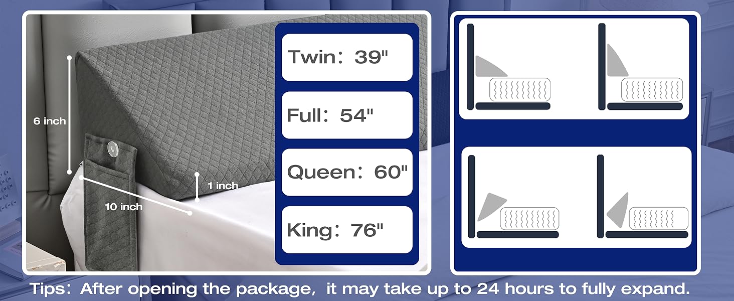 Queen Bed Wedge Pillow for Headboard Gap Filler use Pillows for Sleep Apnea,After Surgery,Acid Reflux Relief,Leg Swelling,Between Corner Wall and Mattress/Frame, Home Bedroom 60"x10"x6"