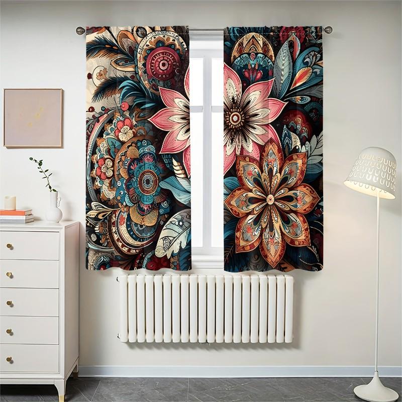 2 pieces of retro mandala-style floral printed curtains, made of polyester with semi-transparent texture, machine washable, suitable for bedrooms, living rooms and home decoration curtains.