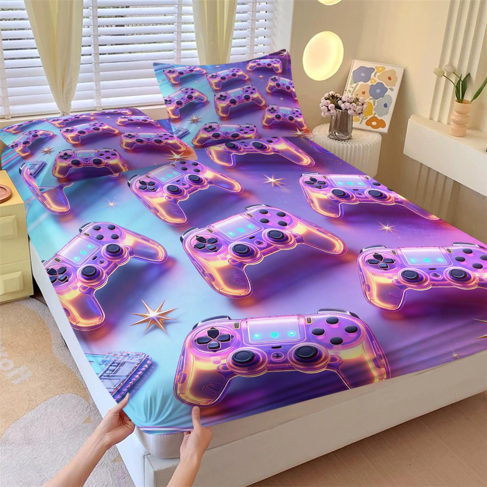 3-Piece Neon Game Controller Bed Set Fitted Sheet Set, Cyberpunk Style, Soft Skin-Friendly Fabric, Ideal for Gaming Rooms, Boys' Dorms, Comfortable & Stylish
