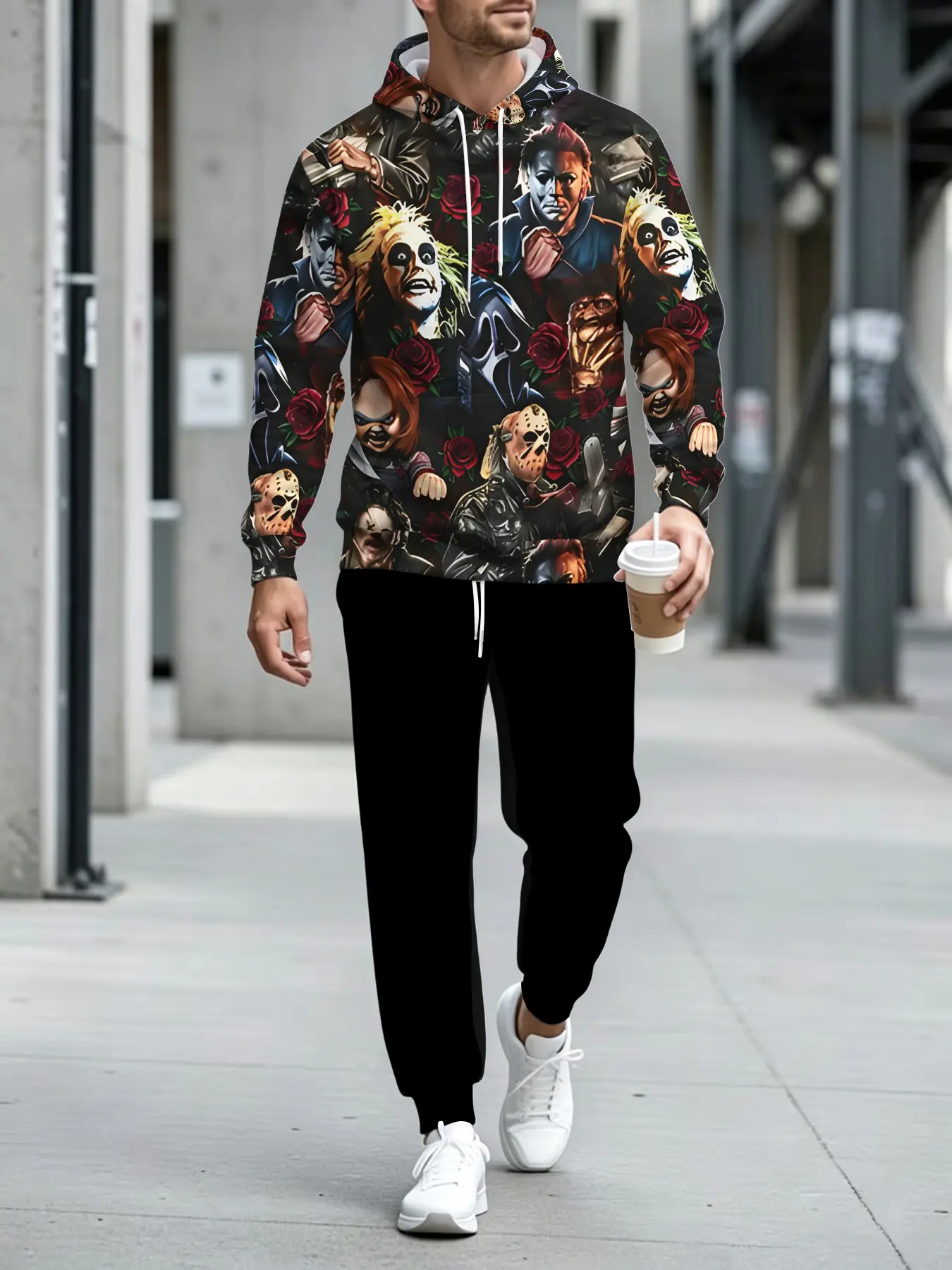 Rose Horror Character Collection Hoodie, 3D Digital Print Classic Villain Men'S Loose Fit Long Sleeve Hooded Sweatshirt, Dark Trend Pullover