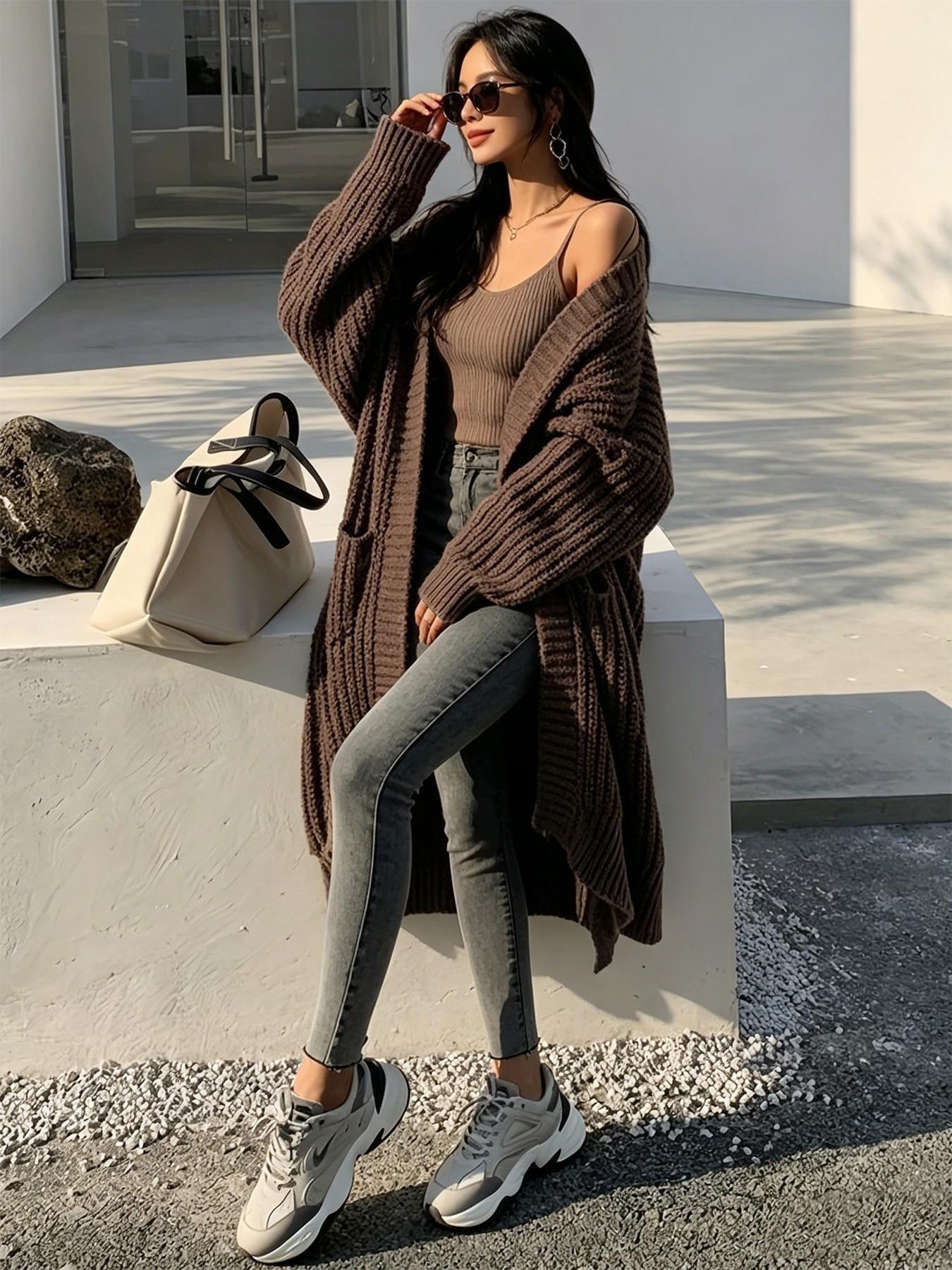Women's Fashionable Elegant Casual Commuter Knit Long Cardigan, Long Sleeves, Stylish Versatile Outerwear for Fall and Winter, Comfortable and Warm Sweater Coat