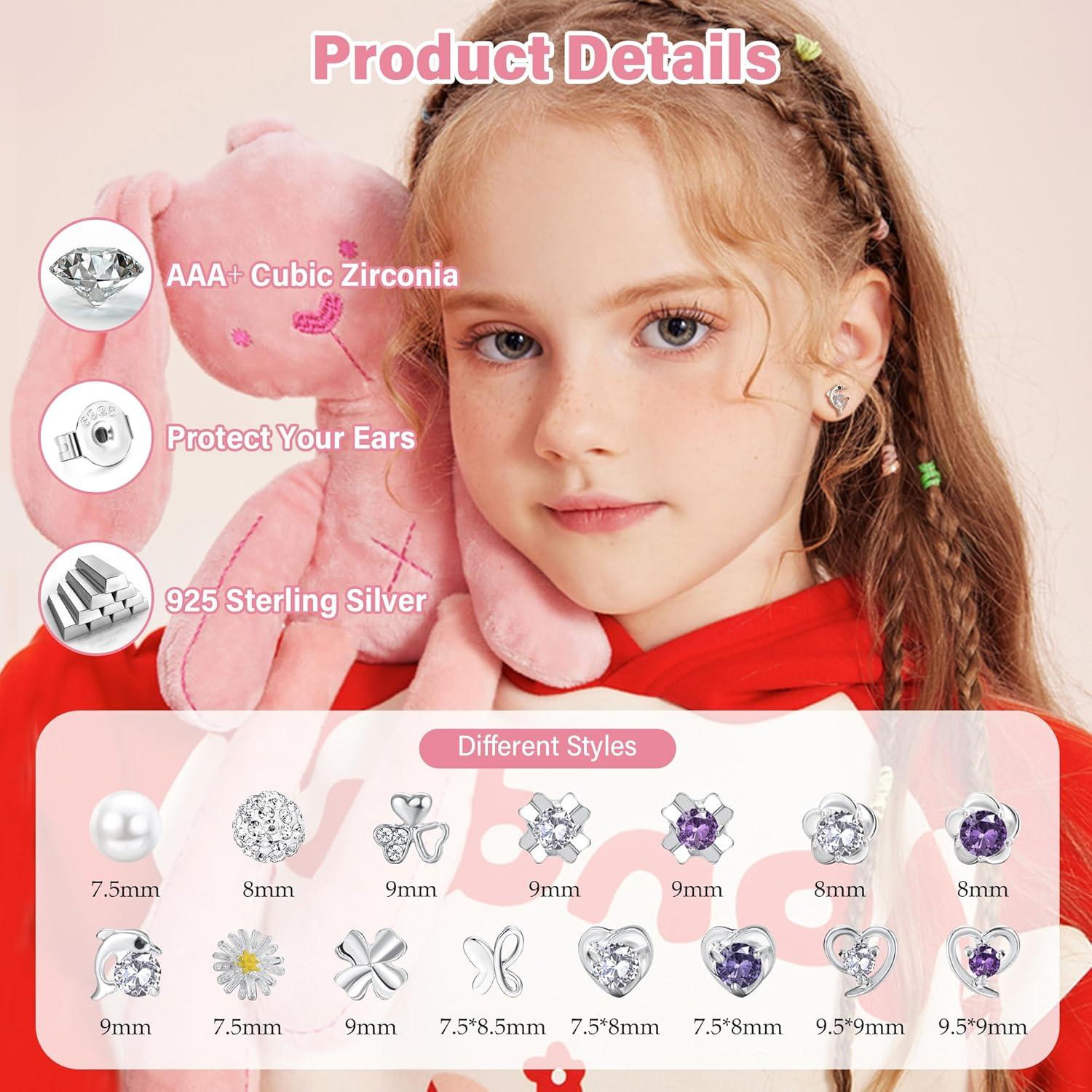 15 Pairs Silver Earrings for Women, Hypoallergenic 925 Sterling Silver Earrings Set for Girls, Cute Small Pearl, Crystal, Round, Heart, Flower, Butterfly & Cubic Zirconia Stud Earrings