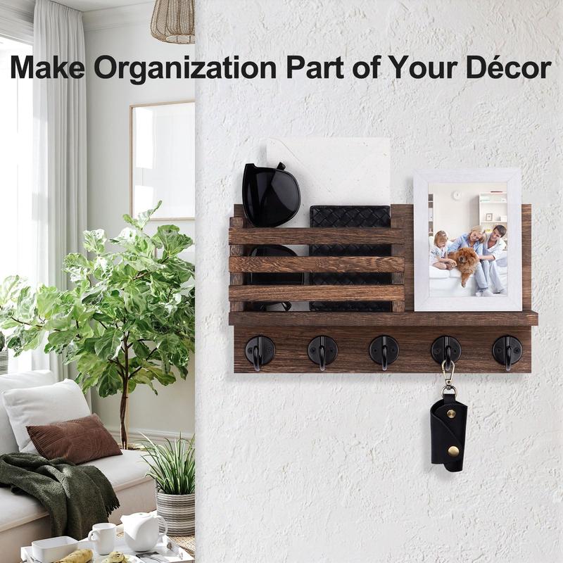 Wooden Wall Mounted Key Rack with 5 Metal Hooks, Decorative Mail Holder, Includes Installation Hardware, Ideal for Coats, Umbrellas, Bags, Storage Hooks