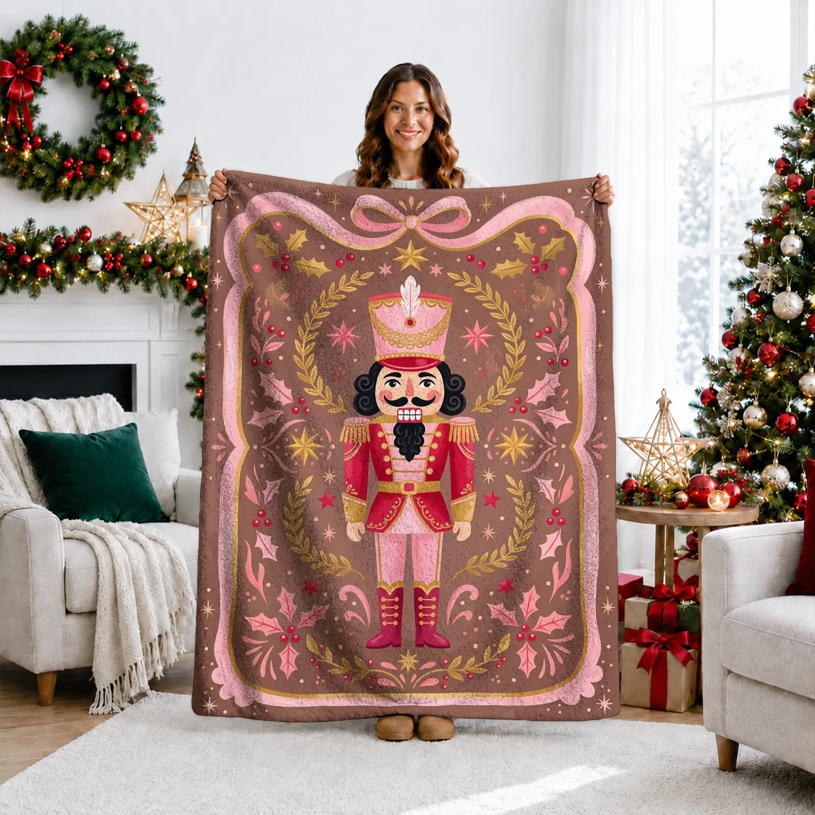 1pc Nutcracker Holly Berry Cozy Throw Blanket, Whimsical Rustic Christmas Style, for Sofa, Bed, Living Room, Bedroom and Home Decor, Christmas Gift and Seasonal Home Decor