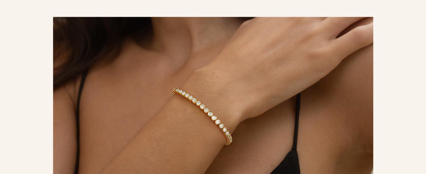 14K Gold Plated Tennis Bracelet for Women Elegant Cubic Zirconia Silver Gold Bracelet Classic 3mm Round-Cut CZ Arm Jewellery Gift for Women 14K Gold Plated Tennis Bracelet for Women Elegant Cubic Zirconia Silver Gold Bracelet Classic 3mm Round-Cut CZ Arm Jewellery Gift for Women