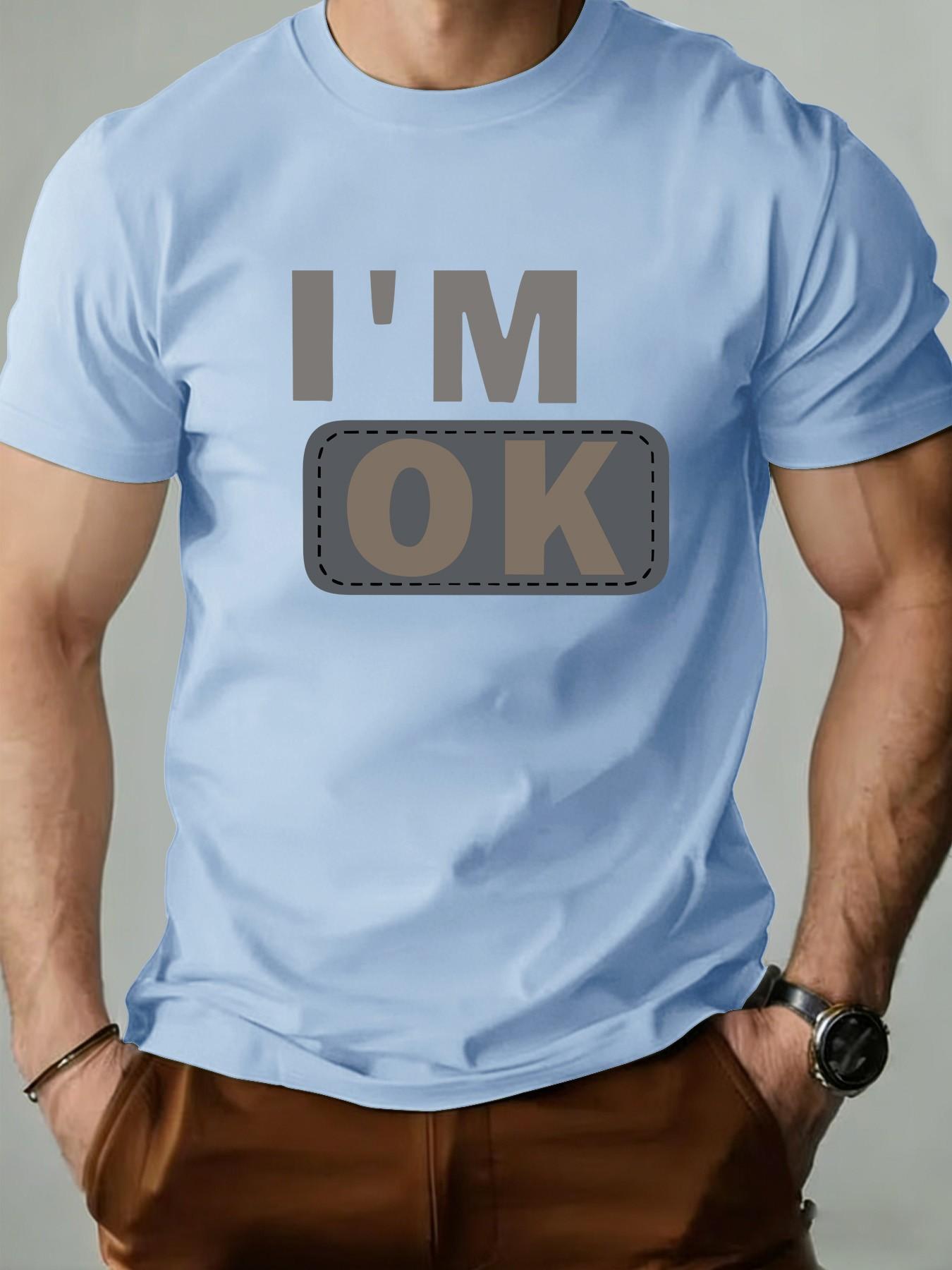 Men's Round Neck T-Shirt, Fashion I'm Ok Patch Design, Geometric Print, Retro Style, Long Sleeve, Casual Wear, Perfect Gift