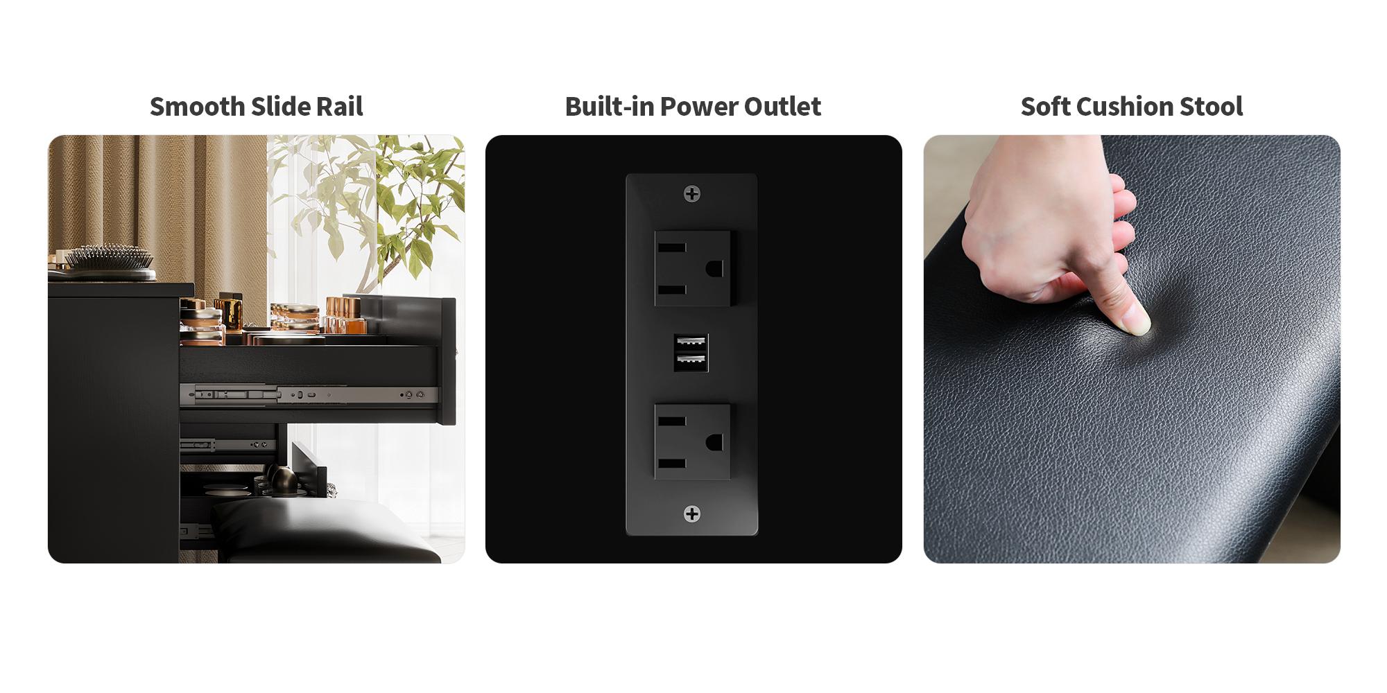 VOWNER 47" Makeup Vanity Desk with Power Outlet, Storage Shelves and 6 Drawers, Makeup Desk with Stool for Women Girls