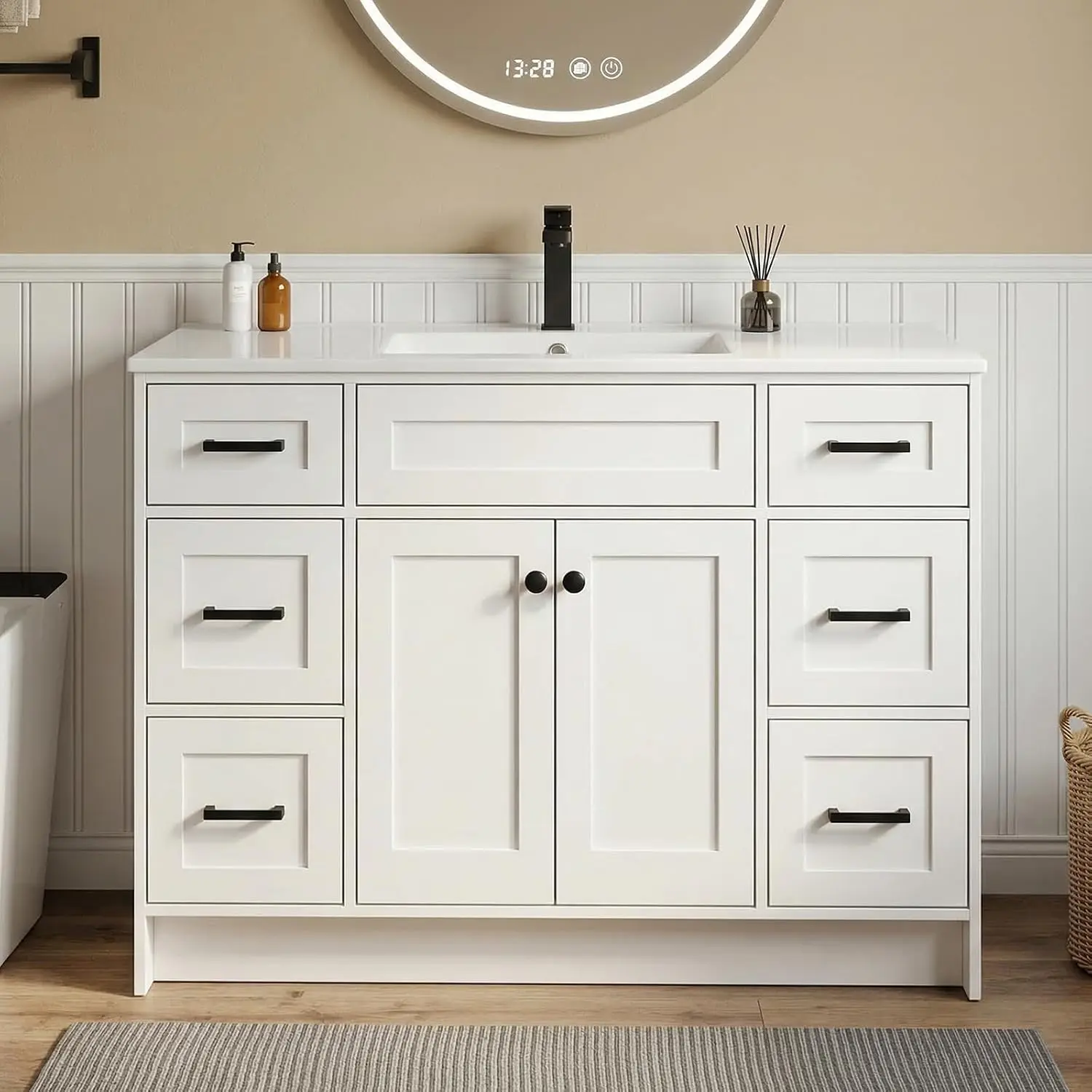 48 luch Modern Bathroom Vanity with Ceramic Basin, Freestanding MDF Cabinet, Comes with 2 Shaker-Style Doors, Soft-Close Hinges (White, 48 Inch, A)