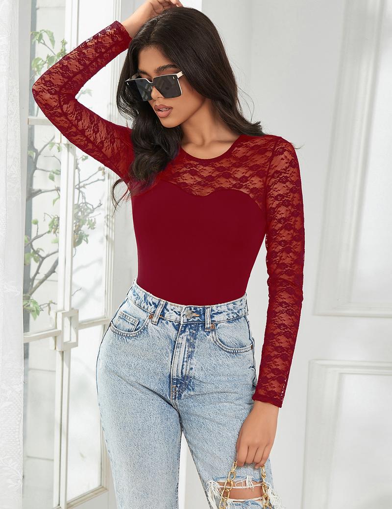 Women's Sheer Mesh Bodysuit Shirt Long Sleeve Lace Bodysuit for Going Out Cocktail Sexy Party Casual Black and Red and White Crew Neck Leotard Print Body Suit Top Valentine's Day Gift Comfortable Breathable Nylon Chic Body Suit Outfit Womenswear Crewneck