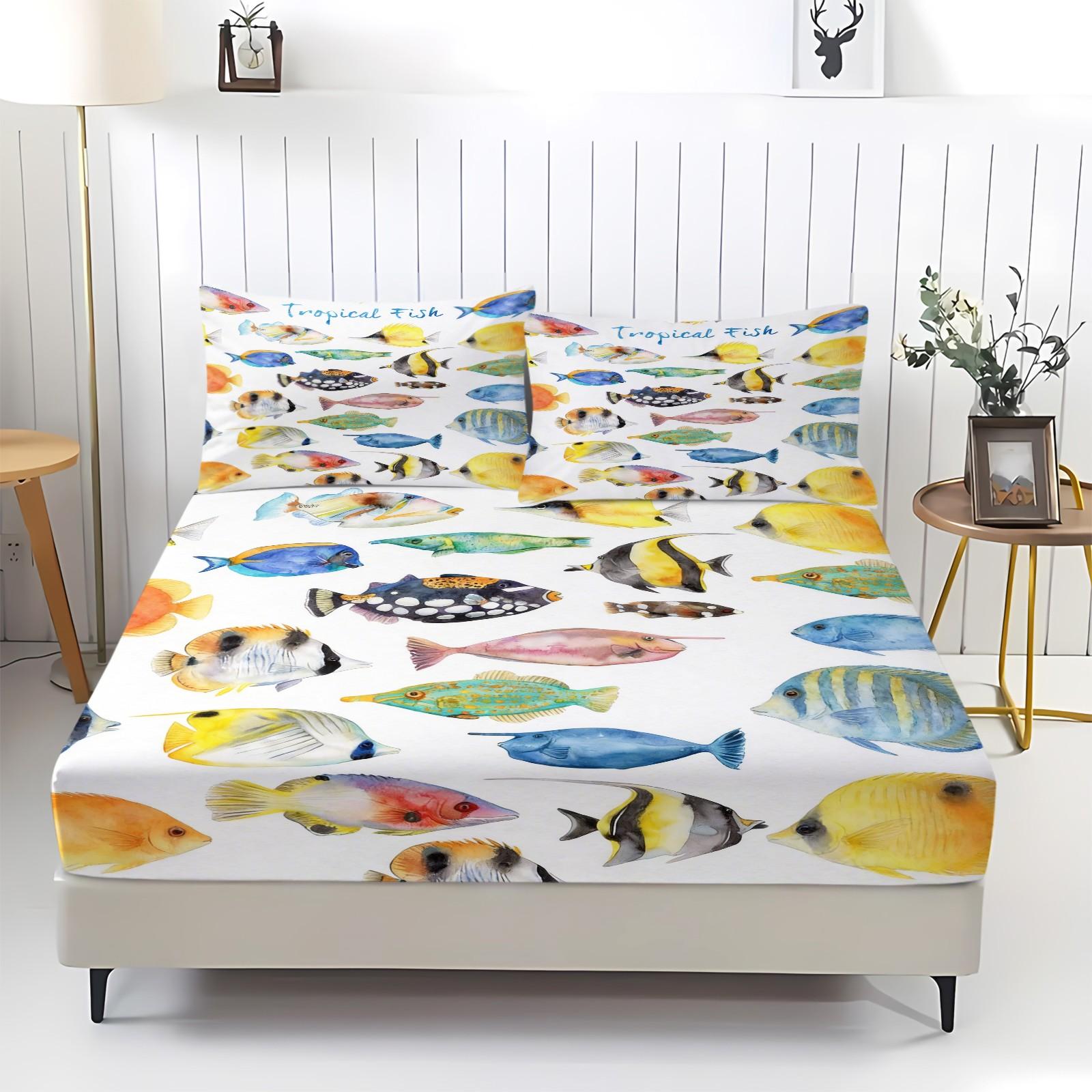 Watercolor Tropical Fish Bedding Set, Ocean Life Coral Fish Print Bed Sheets, Includes 2 Coreless Pillowcases, Breathable Durable Decorative Kit