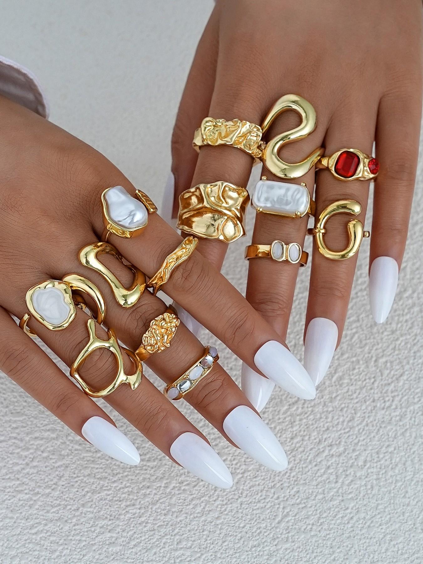 14-Piece Women's Fashion Stackable Rings Set, Vintage Chunky Boho Resin Pearl Colorful Rhinestone Wide Band Rings, Perfect Gift for Girlfriend Mom