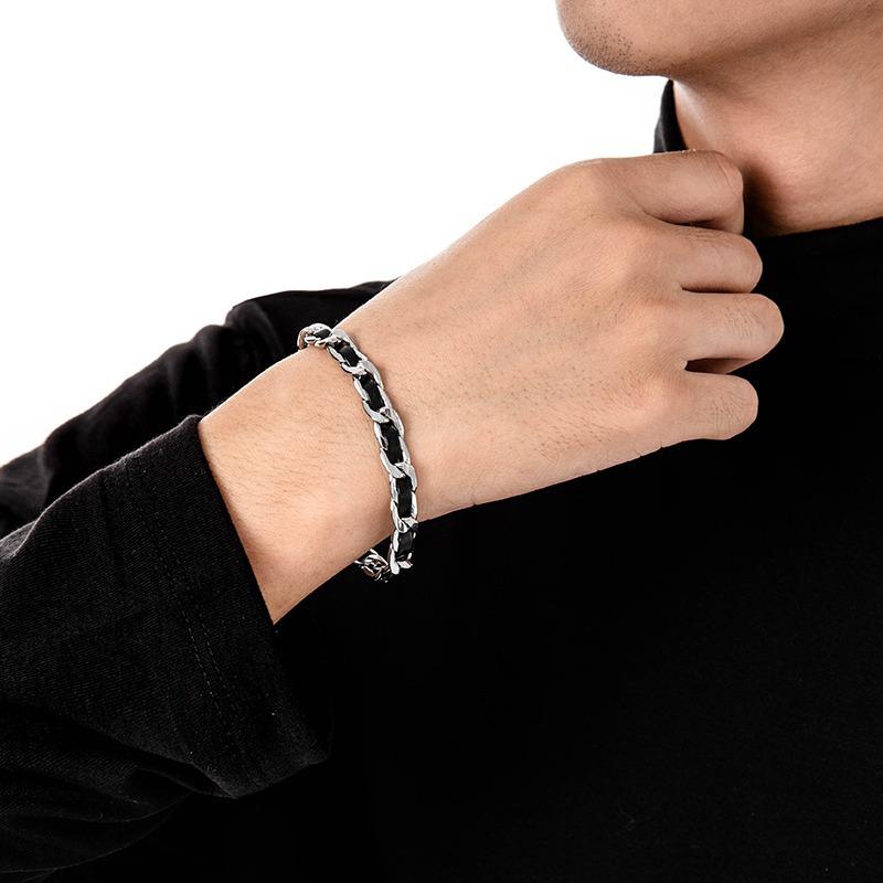 Titanium steel leather bracelet men's trend high-end sense personality niche design jewelry high-end bracelet Cuban wrist accessories