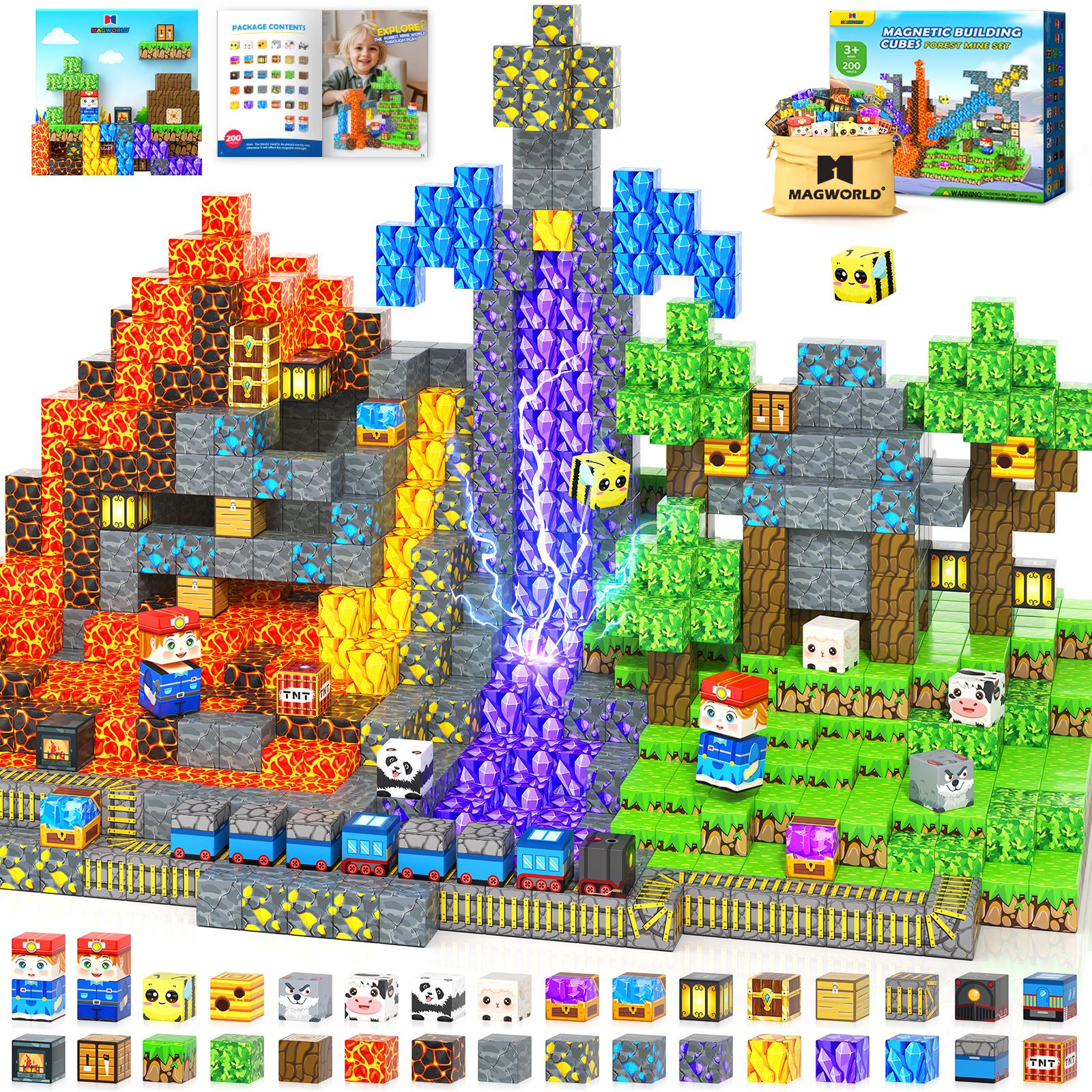 Magnetic Building Blocks-200PCS with Drawstring Bag STEM Montessori Children Sensory Toys Build Mine Magnet World Gift Set