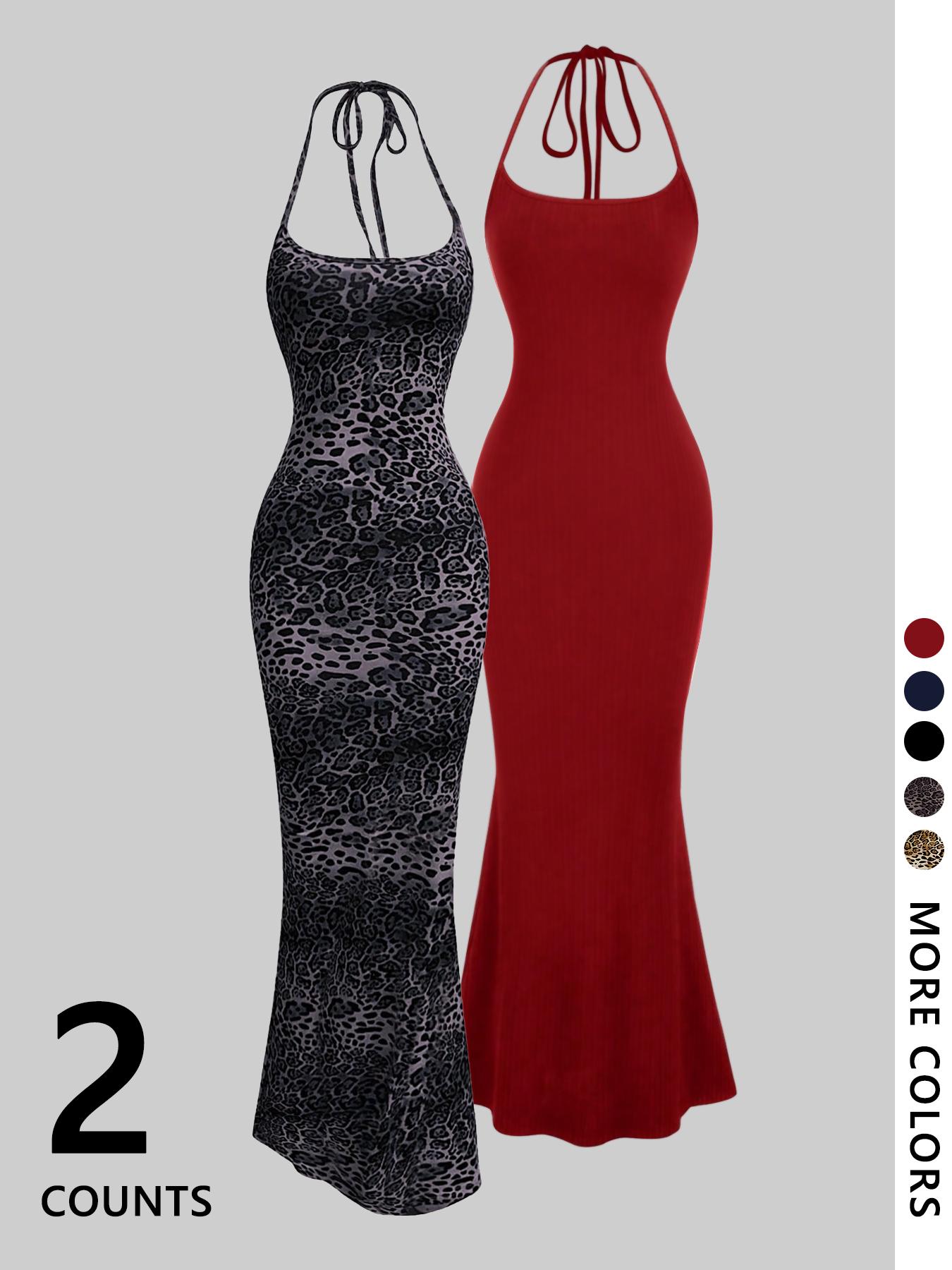 2-Piece Leopard Print and Solid Color Floor-Length Bodycon Cami Dress Set,  Stretch Fabric with