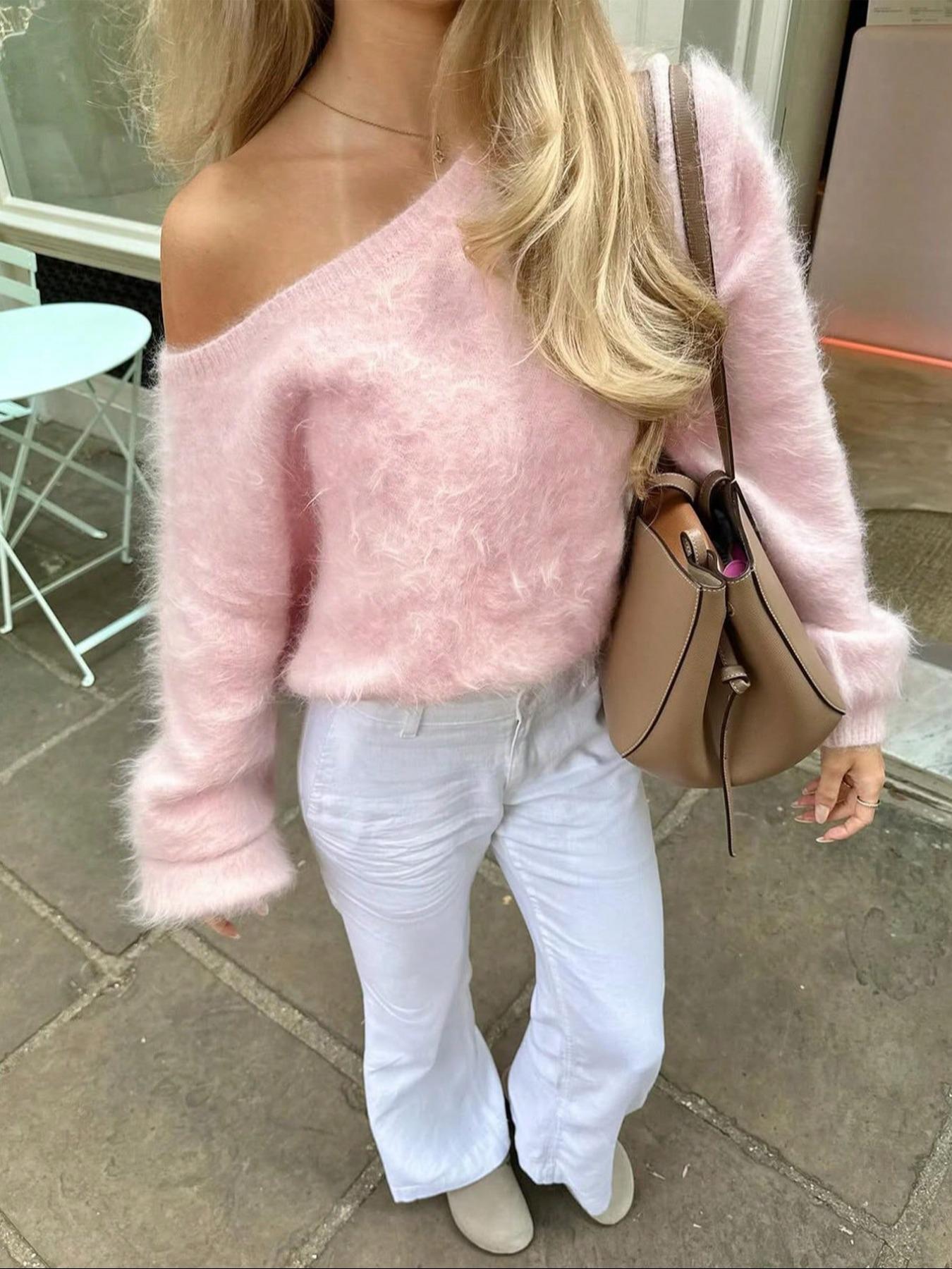 Women's Plush One-Shoulder Knit Top, Knitwear, Soft Pullover Sweater, Warm Autumn Winter Loose Fit Long Sleeve, Elegant Sweet Style