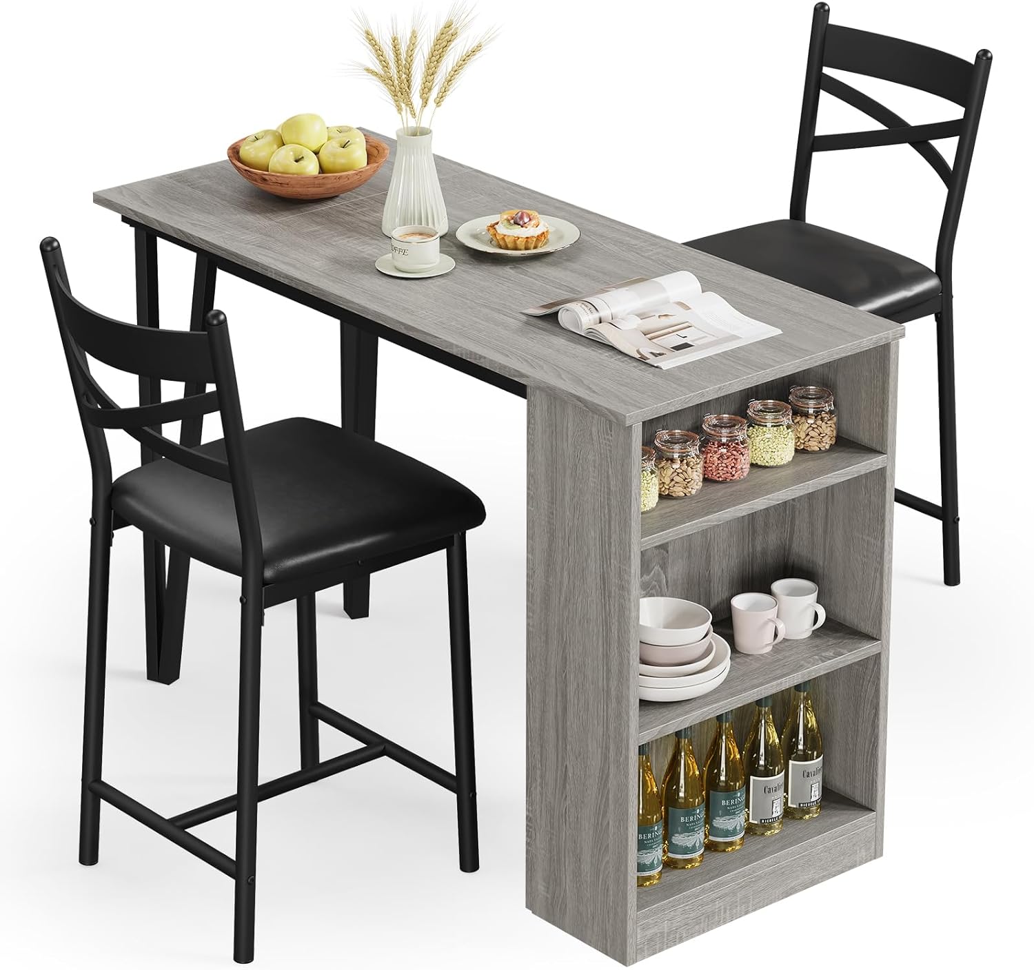 3-Piece Dining Table Set, Counter Height Kitchen Table Set for 2 with 3 Storage Shelves, Expandable Bar Table with 2 Cushioned Chairs for Small Spaces, Apartment 3-Piece Dining Table Set, Counter Height Kitchen Table Set for 2 with 3 Storage Shelves, Expandable Bar Table with 2 Cushioned Chairs for Small Spaces, Apartment
