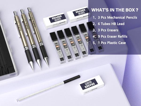 Nicpro Art Mechanical Pencil Set in Case, 4 PCS Metal Drafting Pencil 0.5 mm & 0.7 mm, Lead Pencil with 6 Tube HB Lead Refills, 3 Erasers, 9 PCS Eraser Refills for Artist Writing, Drawing, Sketching