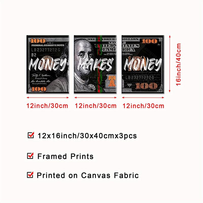 3 Counts/set Wooden Framed Money Makes Money Canvas Posters, Money Wall Art, Inspirational Dollar Bill Pop Art, Modern Home Decor, Wall Decor Living Room, Bedroom, Gift for Friends and Family, Waterproof Canvas, Wall Decor, Ready To Hang