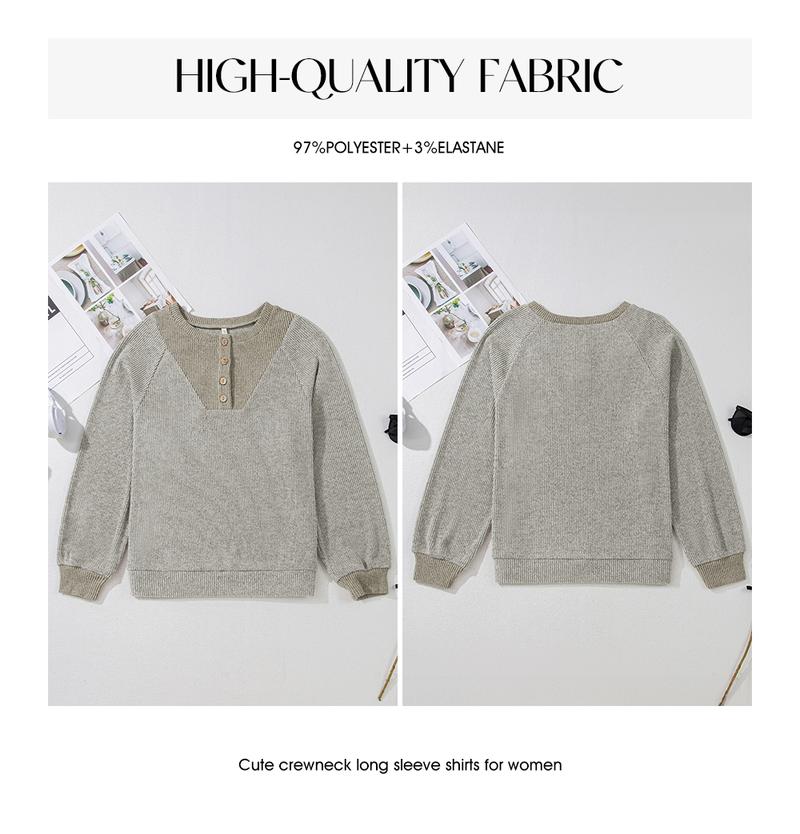 EVALESS Women's Spring Lightweight Puff Long Sleeve Sweatshirt, V Neck Button Up Solid, Casual Basic Pullover Tops, 2026 Fashion Minimalist Outfit