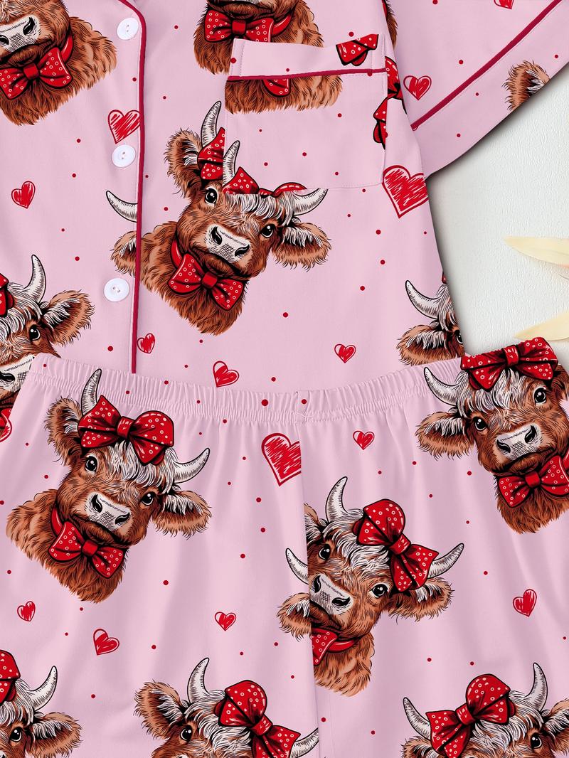 Valentine's Day Women's Pajama Set, Comfortable Cute Elastic Highland Cow Bow Collar Shirt & Pants Two-Piece Sleepwear, Party Wear