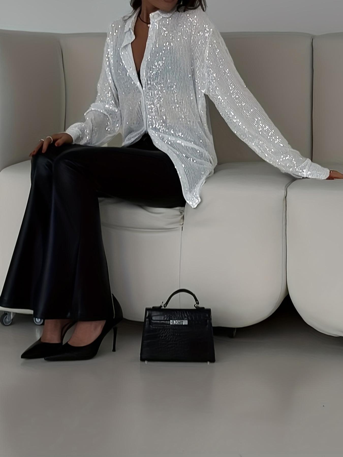 Women's Sequined Sheer Long Sleeve Button Shirt, Elegant Blouse Top for Parties & Daily Wear, Stylish Women's Clothing