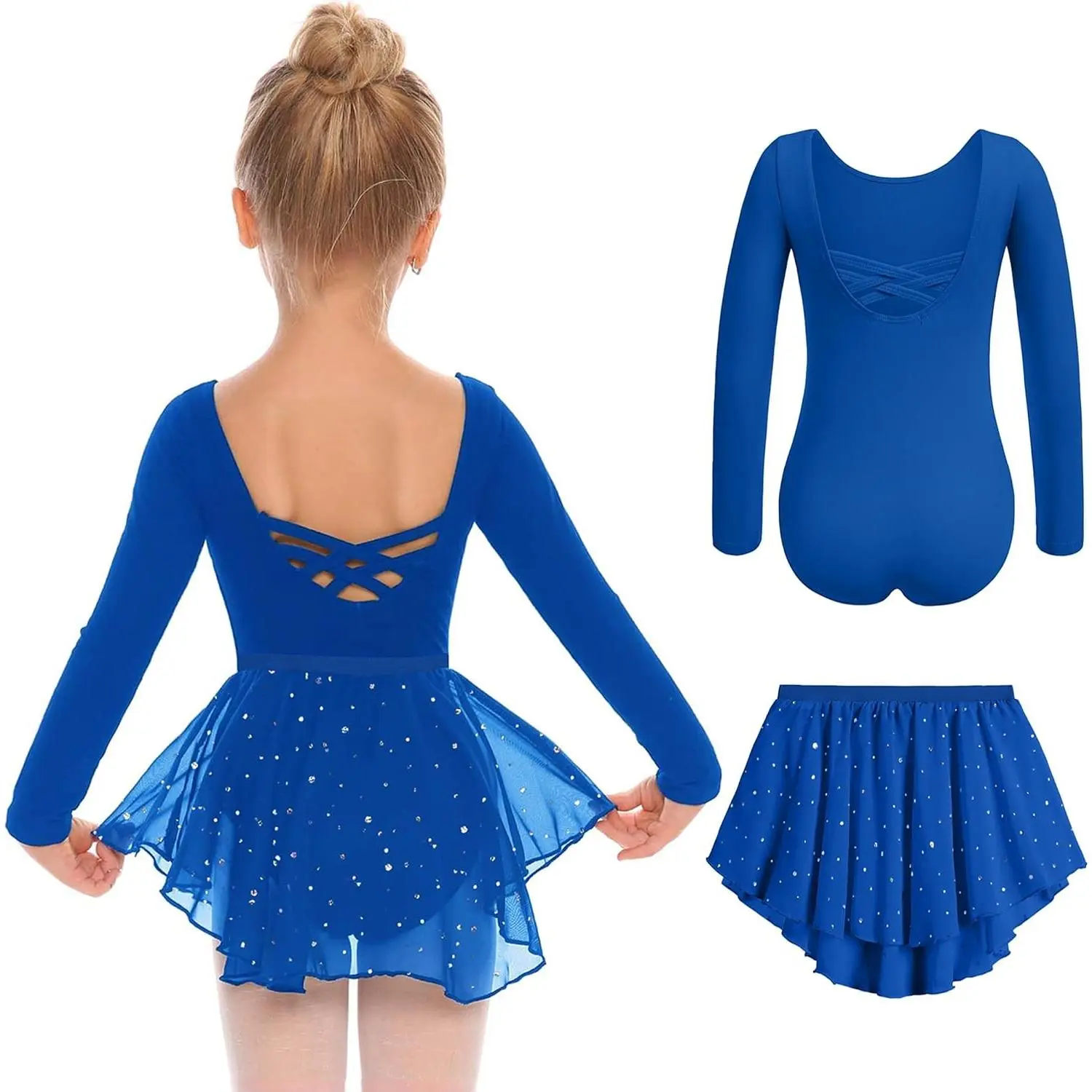 Girls Ballet Leotards Toddler Dance Outfit with Removable Skirt | Long Sleeve, Crisscross Back, Shiny Skirts, Gymnastics, Ballerina Dress, Two Piece Ballet Set
