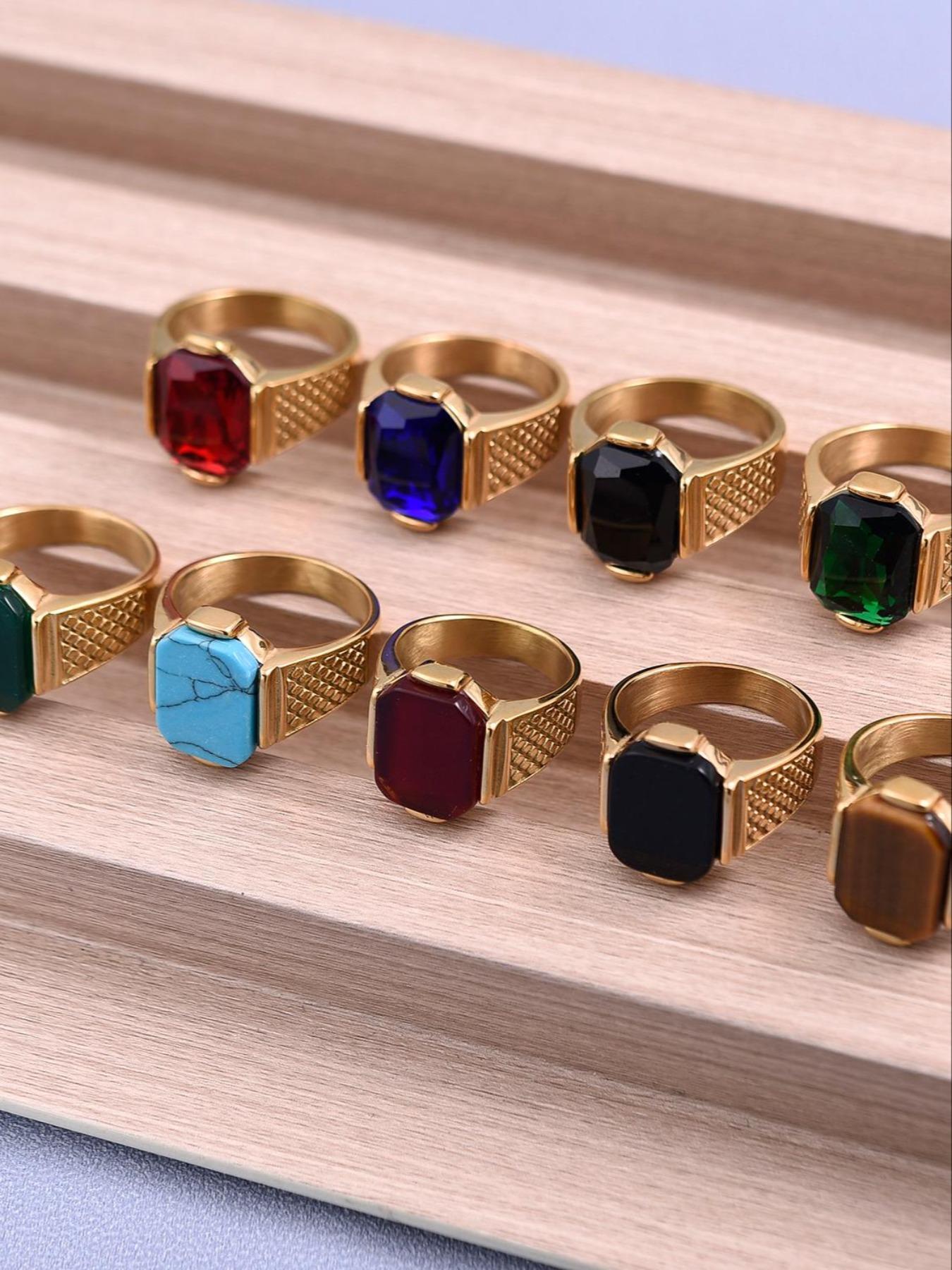 Business Style Men's Blue Ring, 316L Stainless Steel, 18K Gold Plated, Inlaid with Rectangle Agate