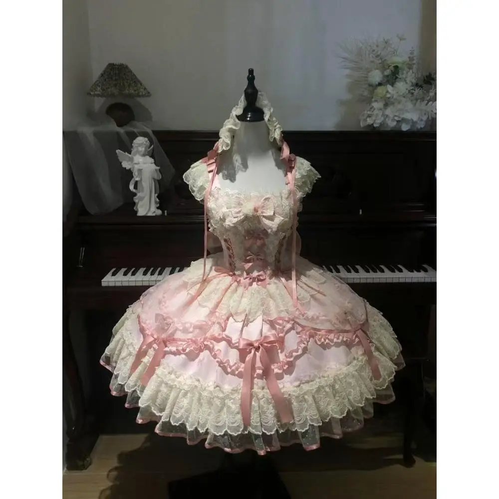 Japanese Style Sweet Cute Girly Dress Suit Women Kawaii Waist Splicing Suspender Puffy Dress Slim Sleeveless Pink Two-piece Set