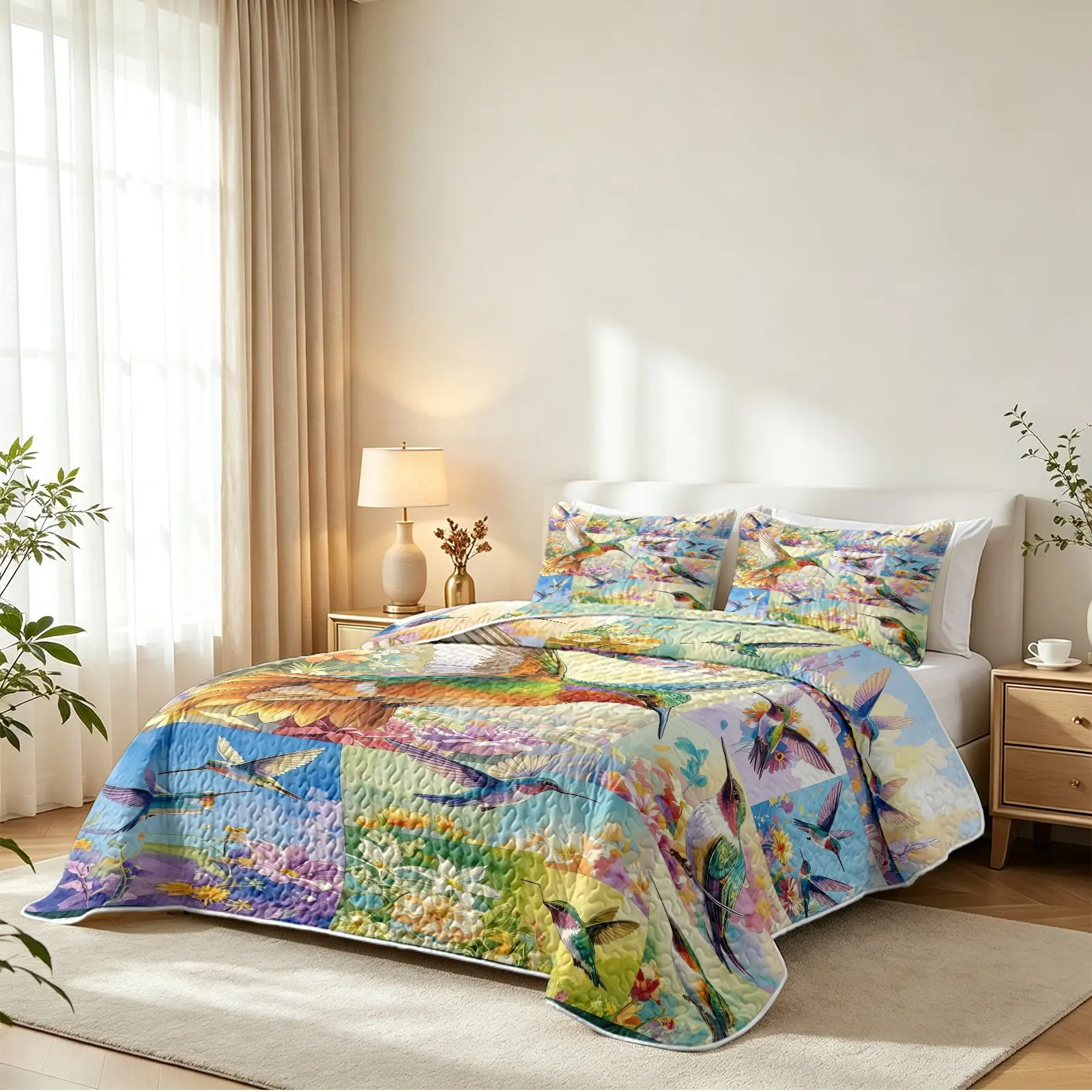 3Pcs Watercolor Hummingbird Floral Patchwork Quilt 3‑Piece Set Fresh Artistic Printed Bedding No Inner Filling Reversible Dual‑Use Light Breathable Cozy Bedspread All‑Season Bedding For Girls Bedroom Vacation Home