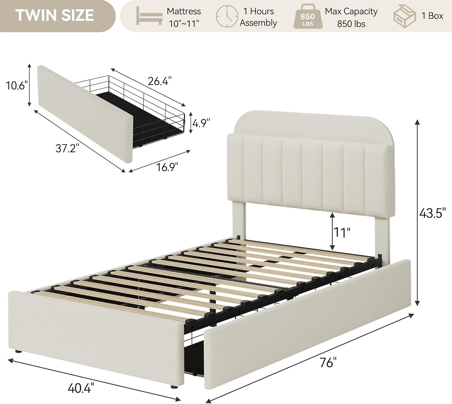 Twin Size Bed Frame with 2 Flexible Drawers, Boucle Upholstered Platform Bed Frame with Bookcase Headboard, Bedframe for Kids/Girls, Easy Assembly, No Box Spring Needed, Noise Free