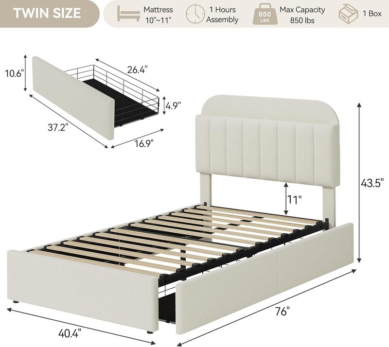 Twin Size Bed Frame with 2 Flexible Drawers, Boucle Upholstered Platform Bed Frame with Bookcase Headboard, Bedframe for Kids/Girls, Easy Assembly, No Box Spring Needed, Noise Free