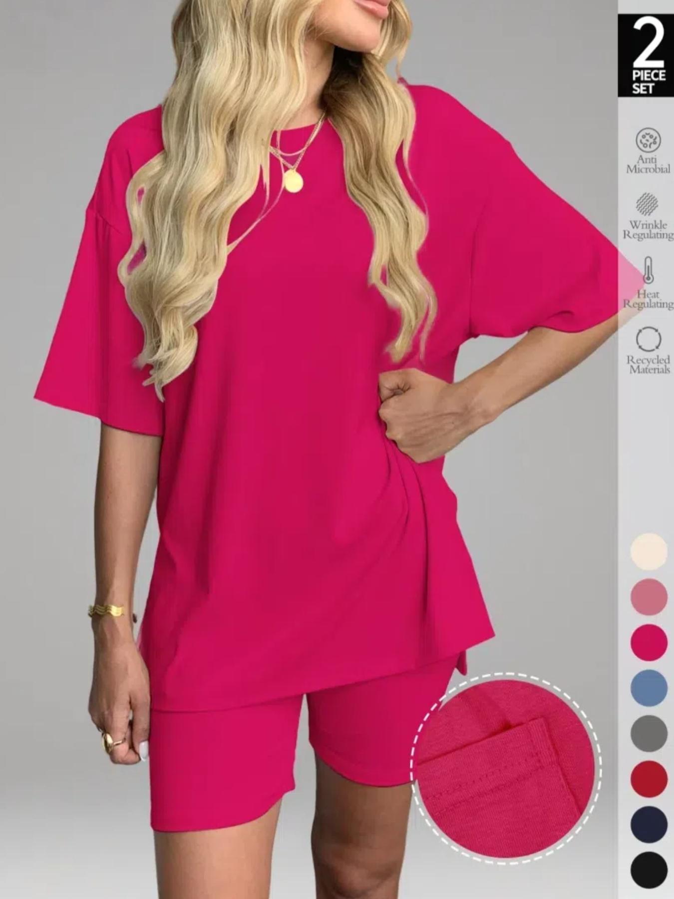 Women's Solid Color T-Shirt and Tight Shorts Lounge Set, Leisure Wear Top, Casual Comfortable Round Neck Sleepwear for Summer, Features Pockets and Suitable for Outdoor Wear