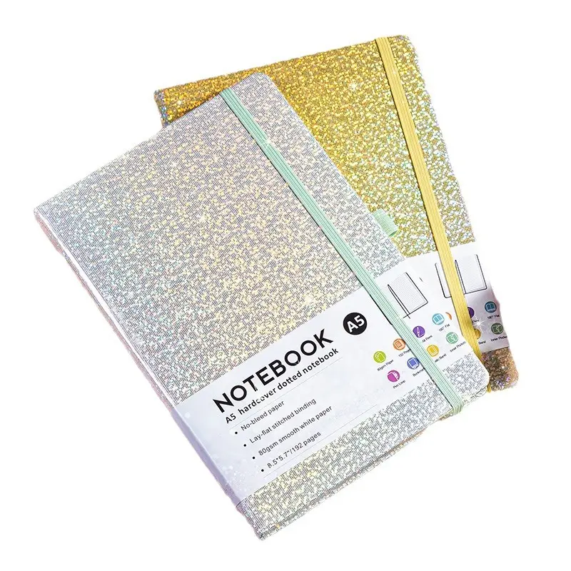 Women's A5 Glitter Finish Hardcover PU Leather Aesthetic Notebook - 192 Pages 80gsm No-Bleed Paper, Lay-Flat, Pen Loop, Elastic Band, Inner Pocket, Daily Planner for Office School Writing Holiday Gift
