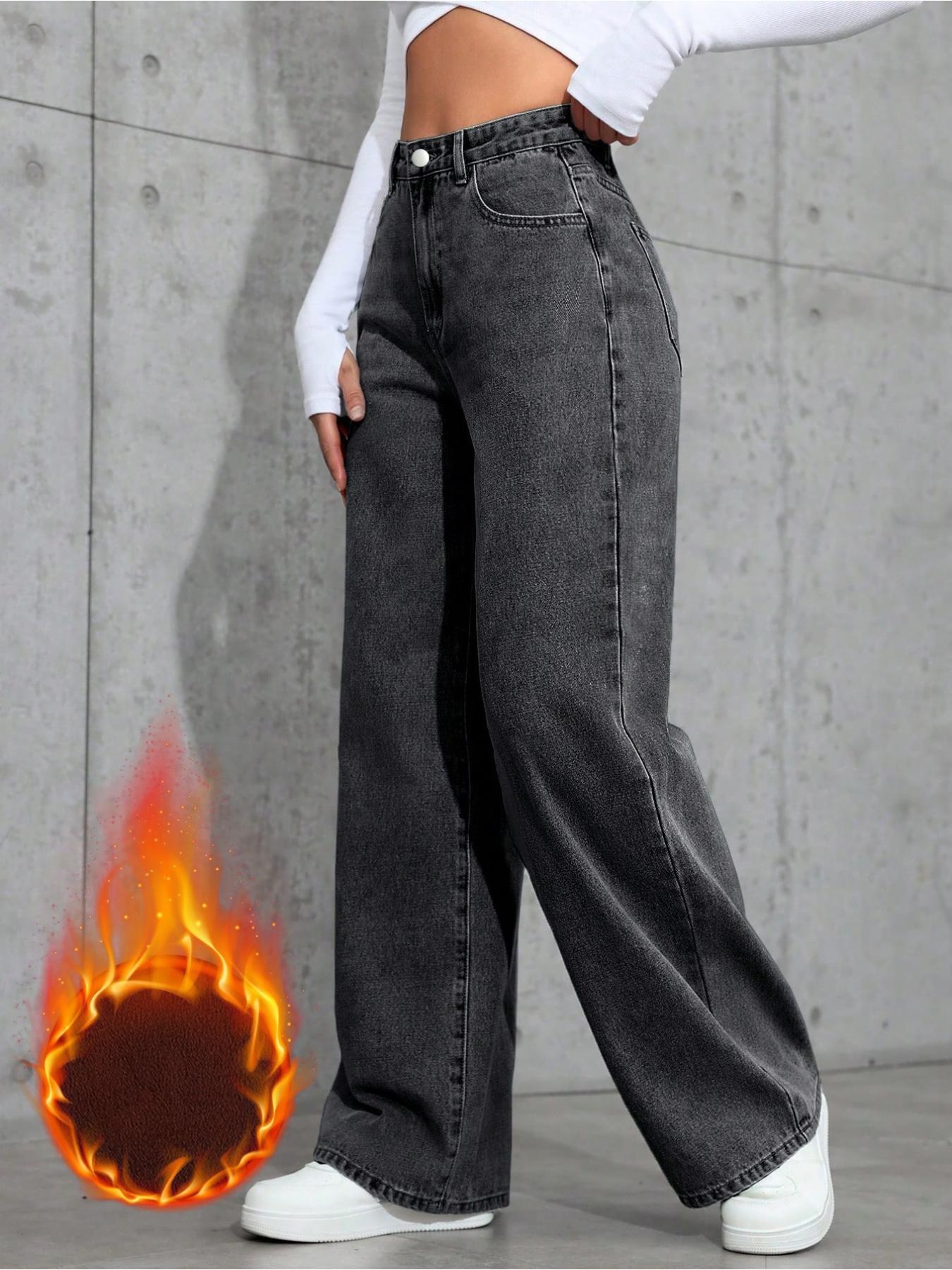 Women's Plain Fleece-Lined Thick Jeans for Fall & Winter, Fashion Woven Fabric Straight Fit Denim Pants, High Rise Jeans