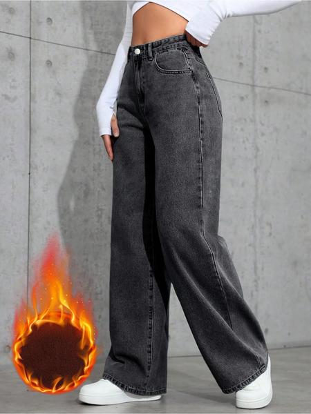 Women's Fleece Lined Thick Denim Jeans, Fall & Winter Fashion Wide Leg Straight Fit Pants, Elegant Plain Woven Fabric, High Rise Jeans