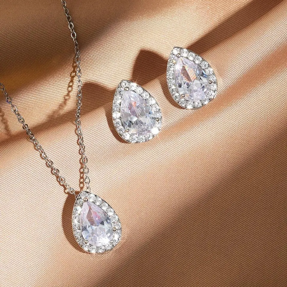 ZAKOL Shinny White Water Drop Cubic Zirconia Jewelry Sets for Women Bridal Wedding Teardrop Earrings Necklace Bracelet Set