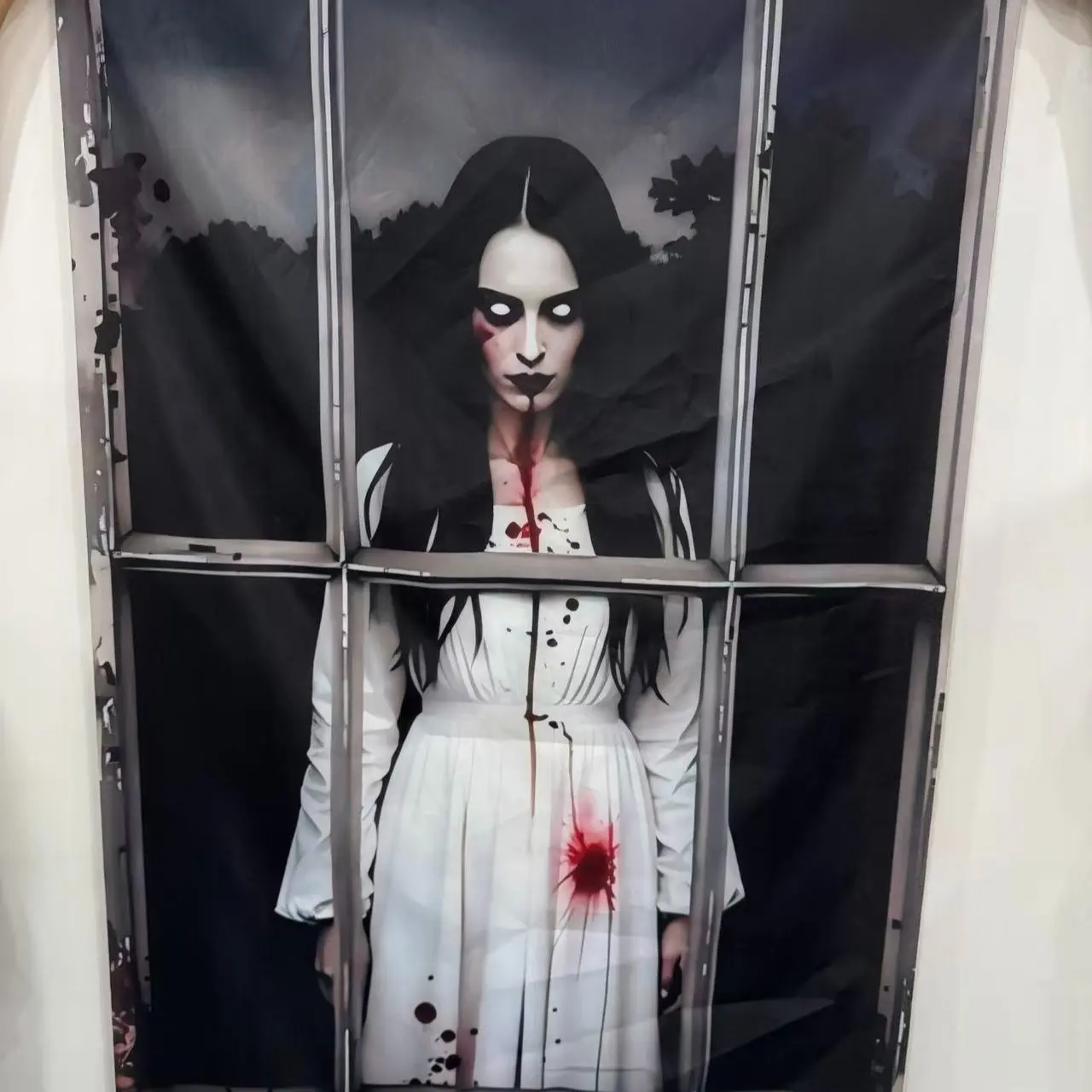 Halloween Backdrop Cloth with Rusty Iron Window, Blood-Stained Ghost Lady, Ideal for Escape Room, Horror Party, Photo Shooting