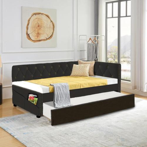 [Bellemave]Twin/BLUE UPHOLSTERED TWIN SIZE DAYBED WITH TRUNDLE, VELVET FABRIC, NO BOX SPRING REQUIRED, COMFORTABLE AND SIMPLE DESIGN MODELS