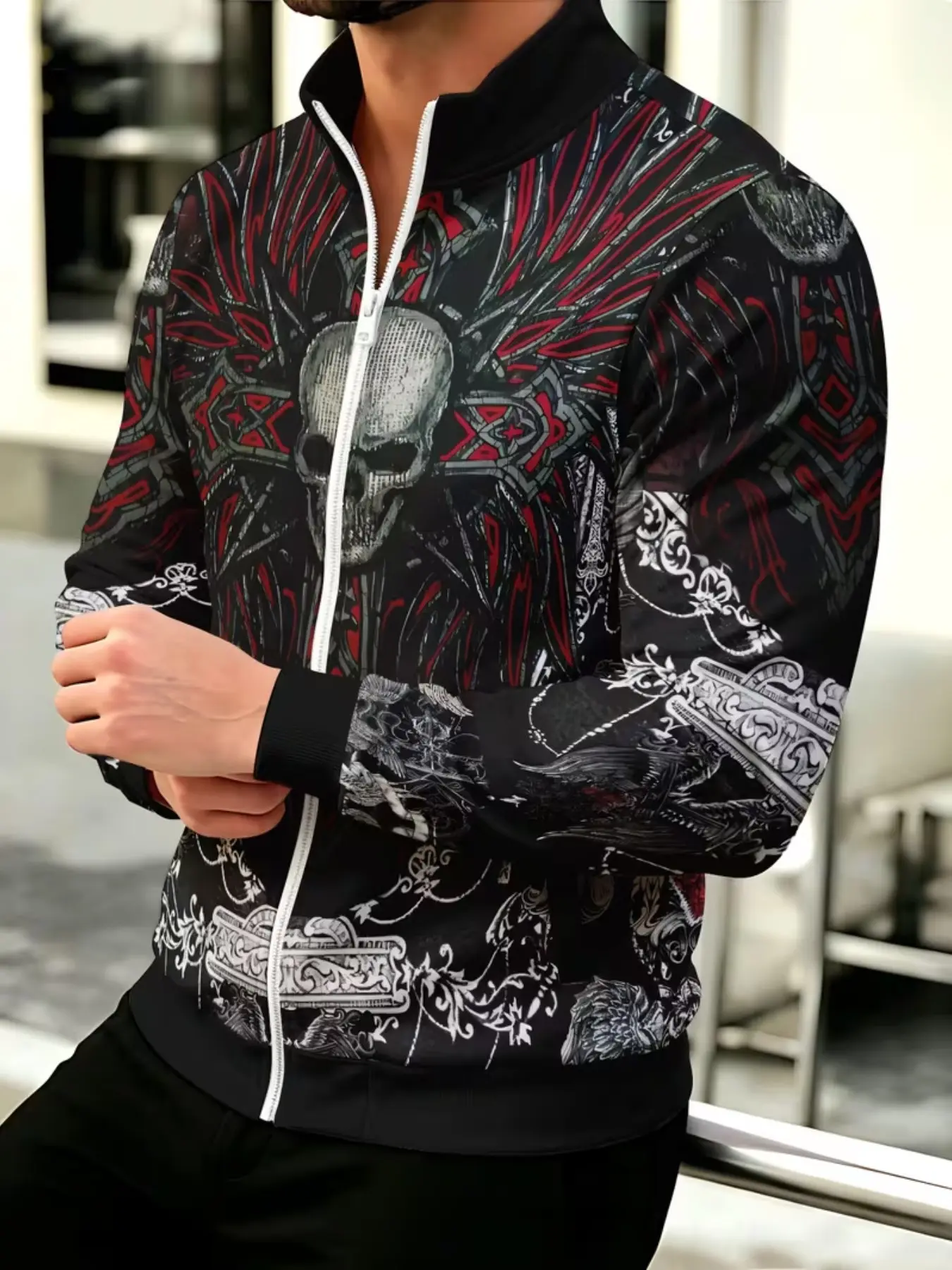 Men's Gothic Skull Stand Collar Jacket, Skull Baroque Vintage Print, Casual Long Sleeve Outerwear for All Seasons, Gothic Streetwear Jacket