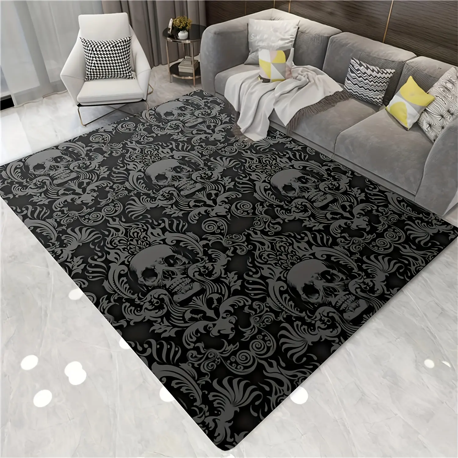 Vintage Grey Skull Damask Large Area Rug - Gothic Floral Skull Seamless Pattern Indoor Decor Floor Carpet, Non Slip Area Rug for Living Room Bedroom Game Room Man Cave Goth Home Decor
