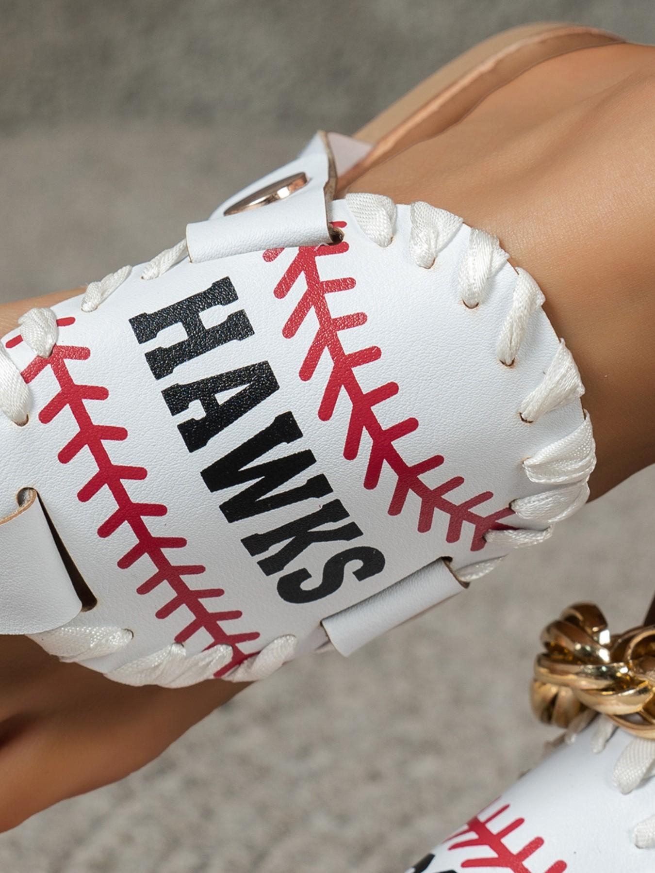 Women's Baseball Themed Sandals - Black Faux Leather Flip Flops with "99" & "HAWKS" Print, Sporty Stitching Detail Thong Slides for Summer