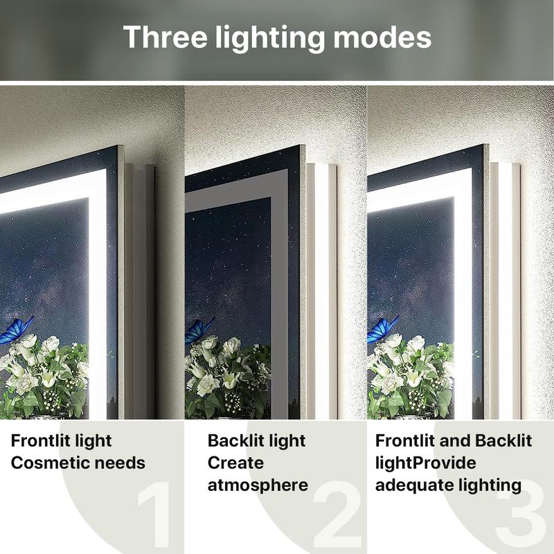 GLITGATE LED Bathroom Mirror With Lights Stepless Dimmable Brightness 3-Colors options Anti-Fog Memory function Smart Mirror Touch Sensor LED Mirror For Bathroom Wall Mounted Horizontal/Vertical