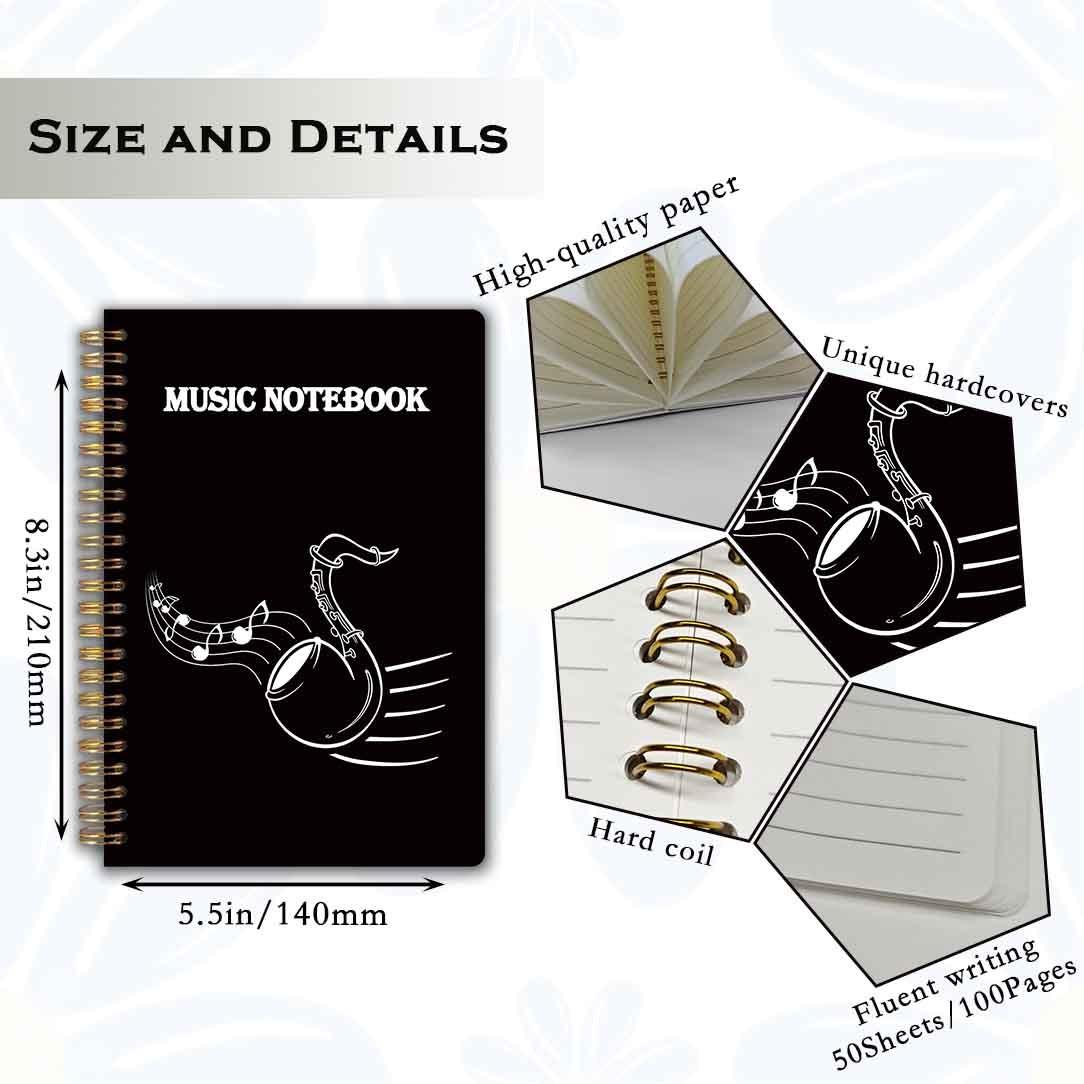 1 Music-themed Notebook - A5 size (5.5x8.3 inches), with horizontal lines and five-line staff on the inner pages. The durable binding is suitable for music composition and is also an ideal gift for aspiring composers.