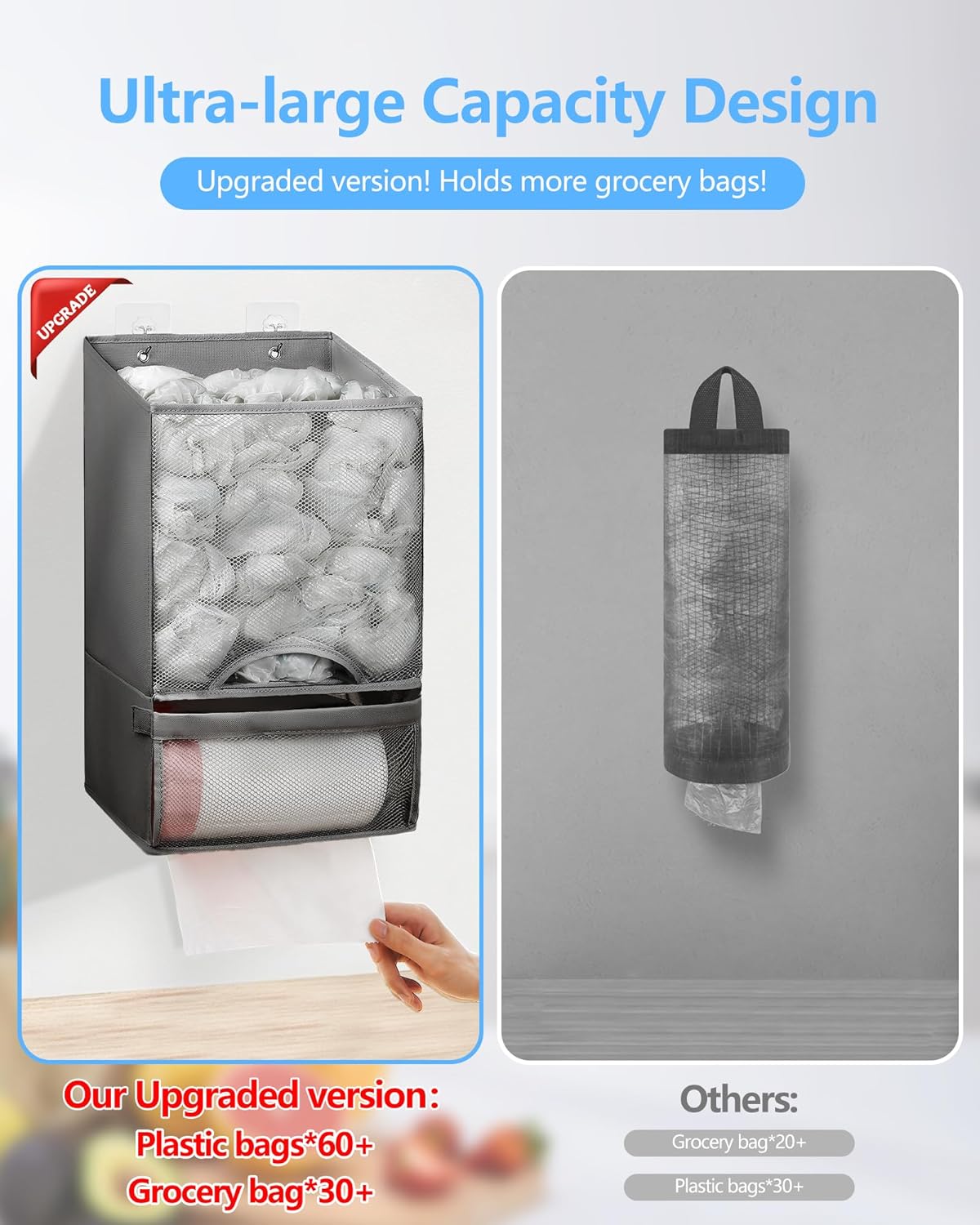 Extra Large 2-in-1 Plastic Mesh Cover Bag Holder Storage, Durable Pull Down Hanging Trash Dispenser Roll Organizer, Single Unit for Home Kitchen Daily Use (Deep Grey), Trash Holding